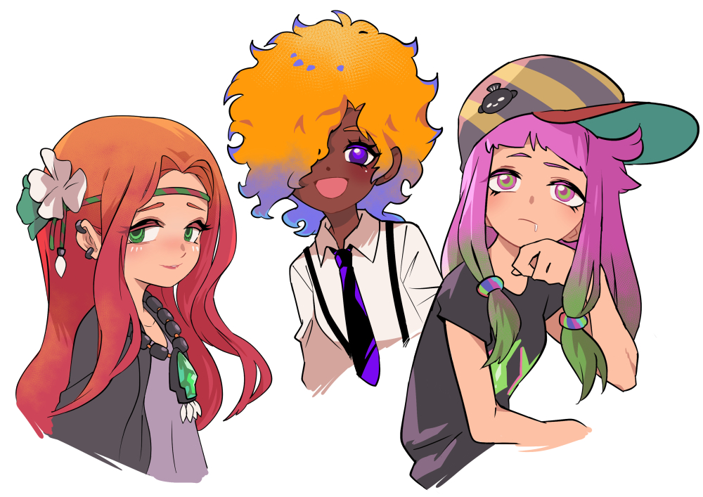 gomipomi, tao blu (splatoon), flow (splatoon), harmony (splatoon), nintendo, splatoon (series), splatoon 2, splatoon 3, commentary, english commentary, 3girls, baseball cap, black necktie, black pants, black shirt, closed mouth, collared shirt, dark-skinned female, dark skin, diagonal-striped hat, drooling, earrings, gradient hair, green eyes, green hair, hair over one eye, hat, humanization, jewelry, long hair, long sleeves, multicolored hair, multiple girls, necklace, necktie, open mouth, orange hair, pants, pink hair, purple eyes, red hair, shirt, short sleeves, simple background, smile, striped clothes, striped hat, striped headwear, suspenders