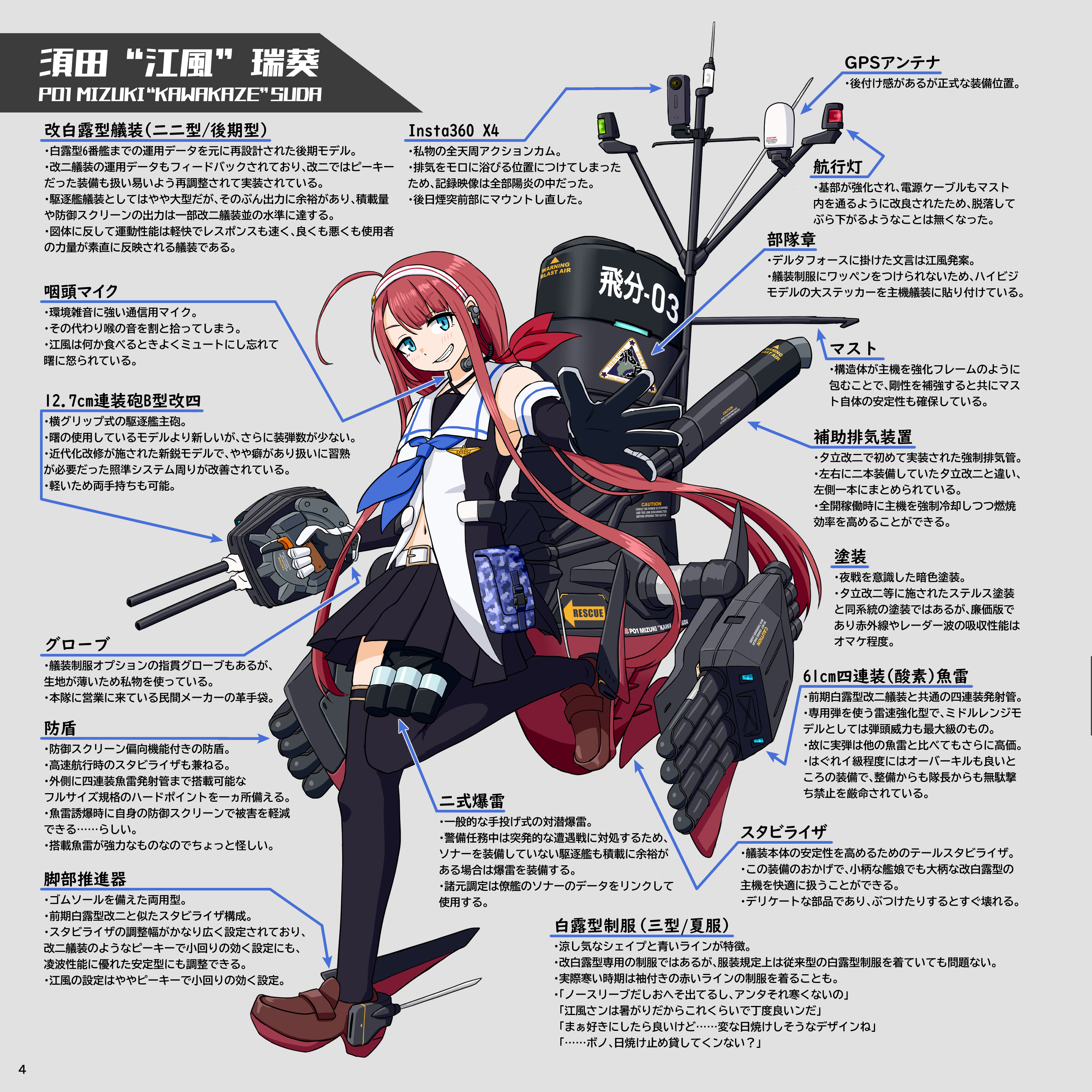 samusara, kawakaze (kancolle), kantai collection, absurdres, commentary request, highres, translation request, 1girl, adapted turret, ahoge, asymmetrical bangs, black gloves, black serafuku, black shirt, black skirt, black thighhighs, blue eyes, blue neckerchief, elbow gloves, full body, gloves, hairband, long hair, low twintails, machinery, mast, neckerchief, pointing out the details, red hair, rudder footwear, sailor collar, school uniform, serafuku, shirt, skirt, smokestack, solo, thighhighs, torpedo launcher, twintails, white hairband, white sailor collar