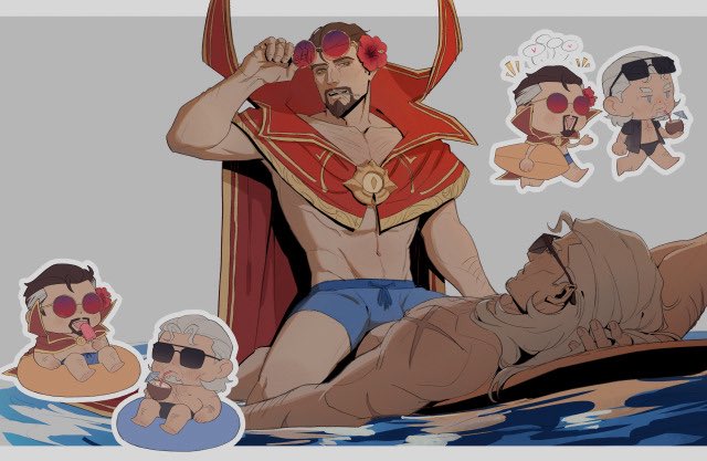 doctor strange, magneto, doctor strange (series), marvel, x-men, 2boys, beard, bodysuit, brown hair, cape, chibi, eye of agamotto, facial hair, long hair, male focus, multiple boys, muscular, serpentbun, short hair, smile, sunglasses, swimsuit, water, white hair, yaoi