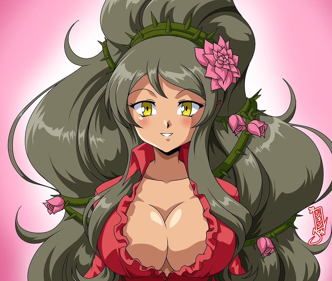 kurumi-lover, ageha (senran kagura), senran kagura, senran kagura new link, blush, breasts, brown hair, cleavage, dark-skinned female, dark skin, flower, green hair, hair flower, hair ornament, high ponytail, large breasts, long hair, looking at viewer, pink background, ponytail, red shirt, rose, shirt, smile, thorns, yellow eyes