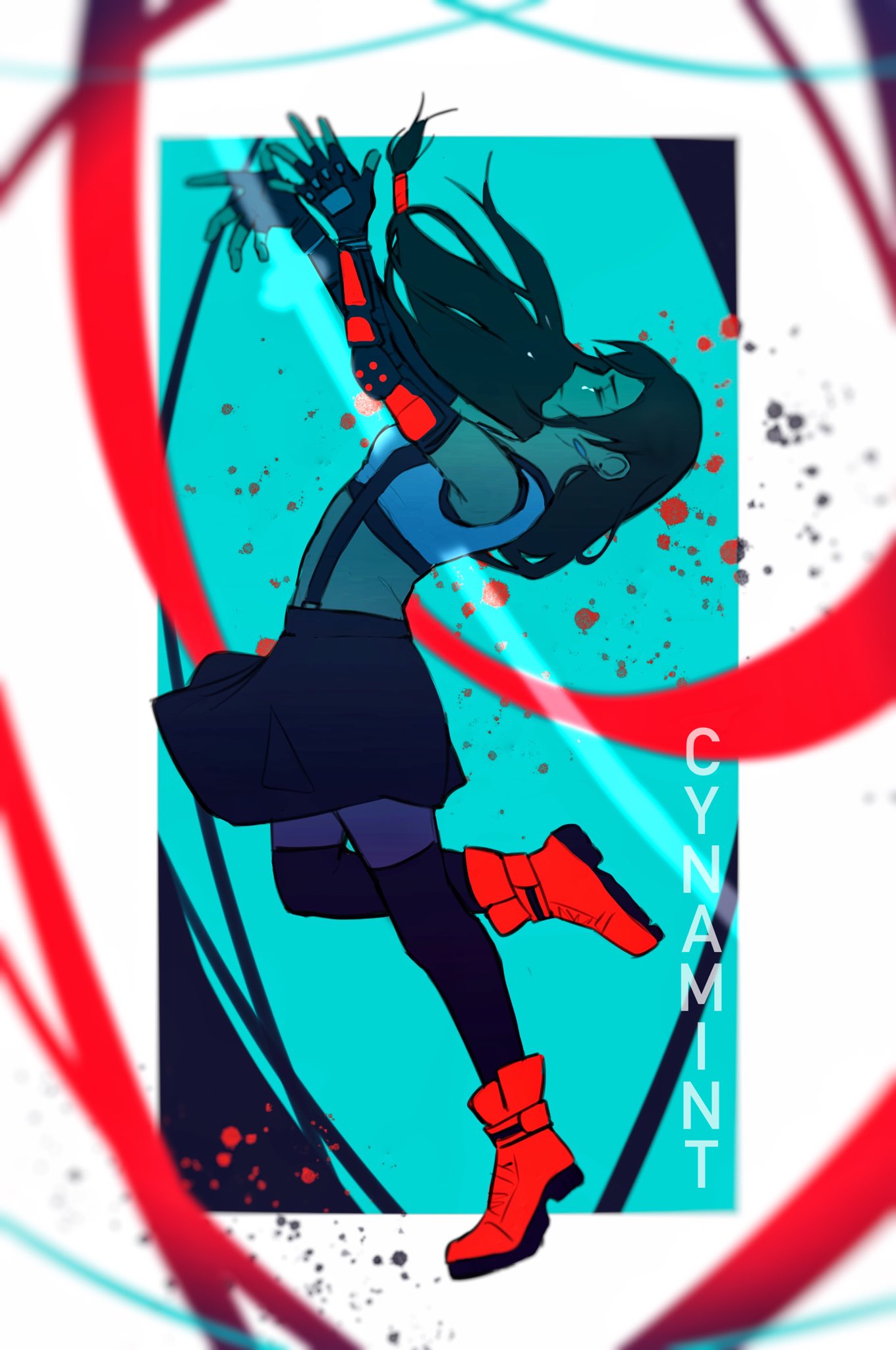 tifa lockhart, final fantasy, final fantasy vii, final fantasy vii rebirth, final fantasy vii remake, highres, 1girl, artist name, bare shoulders, black bra, black gloves, black hair, black skirt, black thighhighs, blood, blood splatter, boots, bra, breasts, closed eyes, crop top, cynam1nt, earrings, elbow gloves, elbow pads, fingerless gloves, floating, full body, gloves, hair tie, jewelry, long hair, low-tied long hair, medium breasts, midriff, miniskirt, red boots, shirt, single elbow pad, skirt, sleeveless, sleeveless shirt, solo, sports bra, suspenders, tears, thighhighs, underwear, white shirt