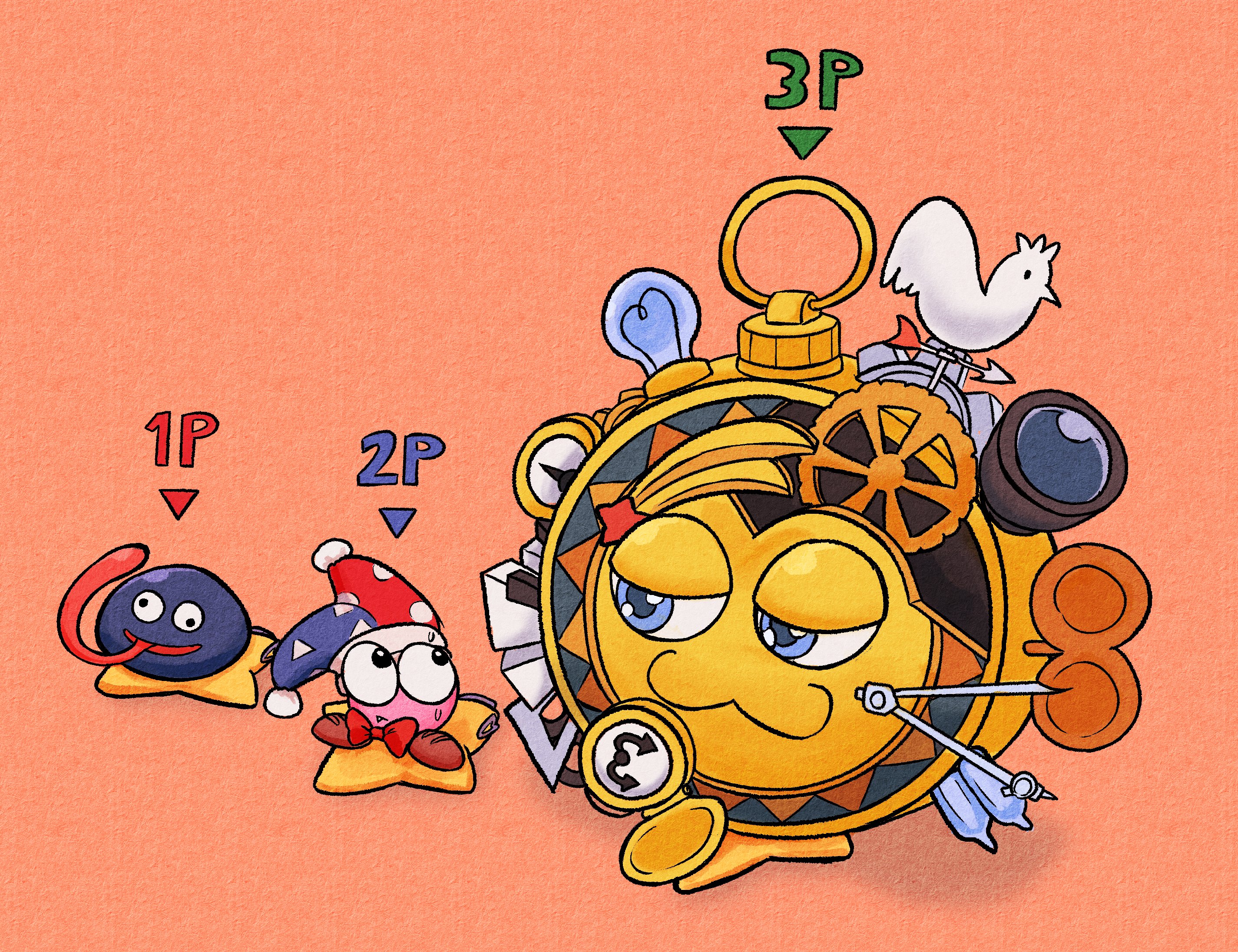 mcsquiddies, galactic nova, gooey (kirby), marx (kirby), kirby (series), kirby air ride, kirby air riders, kirby super star, nintendo, highres, :3, bow, bowtie, compass (instrument), gears, hat, jester cap, light bulb, long tongue, no humans, orange background, pocket watch, red bow, red bowtie, star (symbol), tongue, tongue out, warp star, watch, weather vane, winding key
