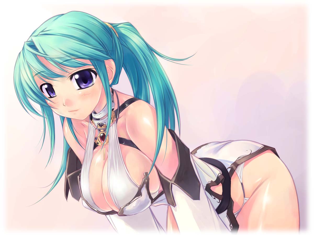 amei sumeru, original, 1girl, bare shoulders, bent over, blush, breasts, cleavage, detached sleeves, dress, female focus, gradient background, green hair, halterneck, large breasts, leaning forward, light smile, long hair, looking at viewer, panties, ponytail, purple eyes, shiny skin, smile, solo, standing, thighs, underwear, white dress, white panties