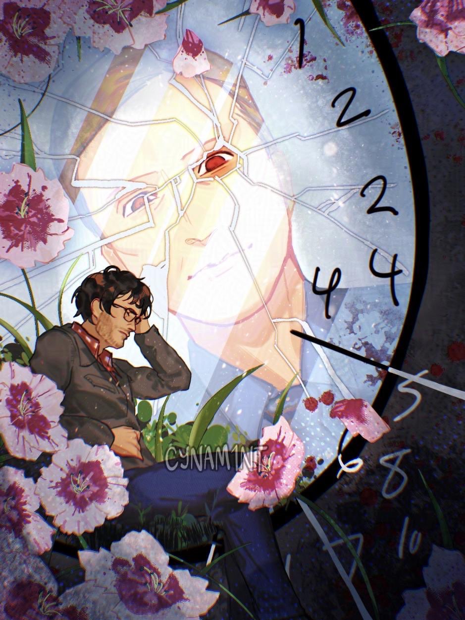hannibal lecter, will graham, hannibal (tv series), highres, 2boys, artist name, beard stubble, black necktie, blonde hair, blue pants, blue shirt, broken glass, brown hair, clock, closed eyes, collared shirt, cynam1nt, facial hair, feet out of frame, flower, glass, glasses, grey jacket, hand in own hair, hand on own stomach, jacket, male focus, multiple boys, necktie, pants, pink flower, plaid clothes, plaid shirt, red eyes, shirt, stubble