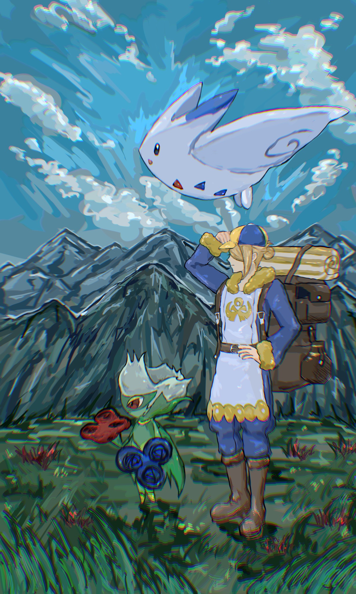 mariin (mrn 8 8), roserade, togekiss, volo (pokemon), nintendo, pokemon, pokemon legends: arceus, highres, 1boy, backpack, bag, blonde hair, blue flower, blue jumpsuit, blue rose, blue sky, boots, brown bag, brown boots, closed mouth, cloud, field, flower, fur-trimmed jumpsuit, fur trim, gen 4 pokemon, ginkgo guild uniform, grass, hair over one eye, hat, jumpsuit, long sleeves, male focus, mountain, mt. coronet, multicolored hat, open mouth, outdoors, pokemon (creature), red flower, red rose, rose, short hair, sky, smile, two-tone headwear, yellow hat