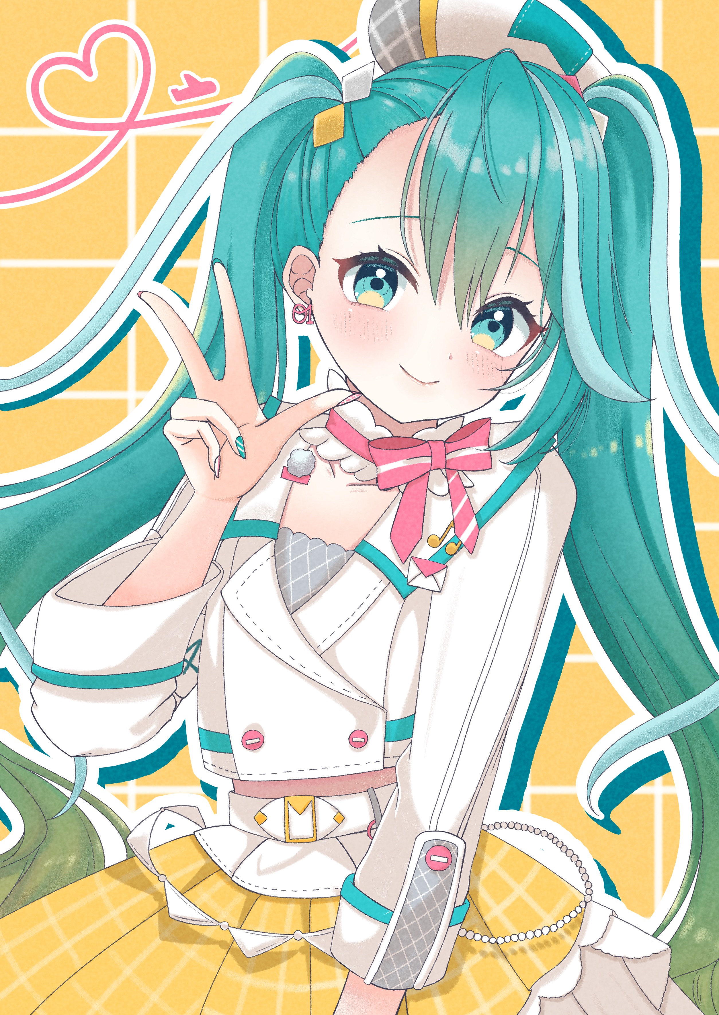 hatsune miku, magical mirai miku, magical mirai miku (2024), magical mirai (vocaloid), vocaloid, absurdres, highres, 1girl, aqua eyes, aqua hair, aqua nails, belt, beret, blonde hair, blush, bow, bowtie, closed mouth, collarbone, cropped jacket, gradient hair, hair between eyes, hair ornament, hat, jacket, long hair, looking at viewer, multicolored hair, number earrings, official alternate costume, official alternate hairstyle, pink bow, pink bowtie, pink nails, pleated skirt, shiratama vt, skirt, smile, twintails, very long hair, w, white belt, white hat, white jacket, yellow skirt