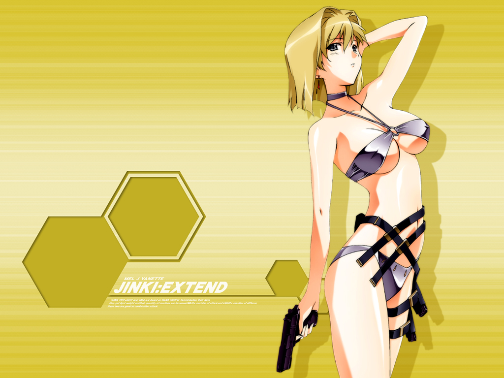 mel j vanette, jinki, 00s, 1girl, bare shoulders, belt, belt skirt, bikini, blonde hair, breasts, choker, cowboy shot, earrings, female focus, grey eyes, gun, handgun, jewelry, large breasts, navel, pistol, short hair, solo, stretching, swimsuit, underboob, weapon
