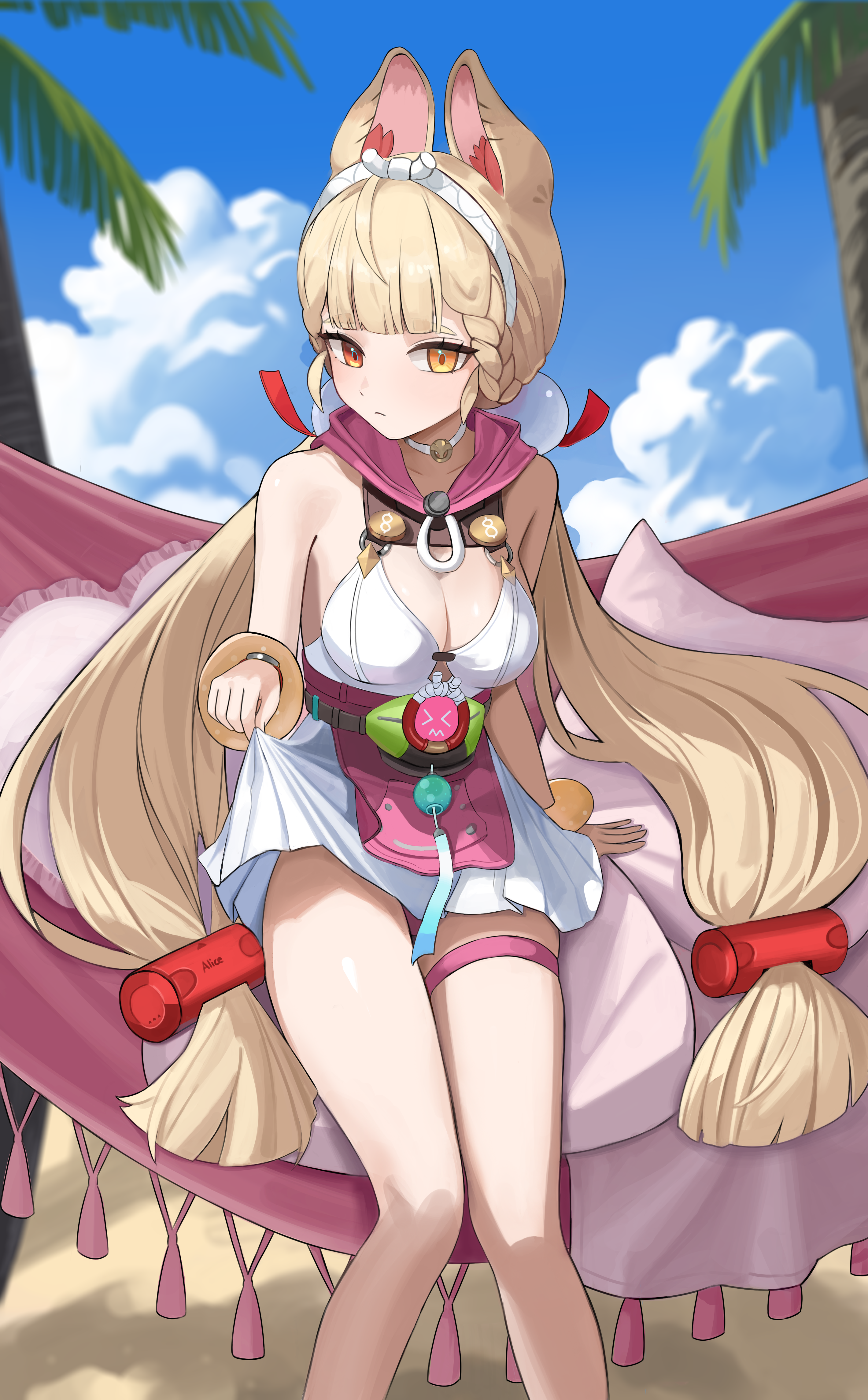 yumemi (meng shi), alice thymefield, alice thymefield (sea of thyme), zenless zone zero, absurdres, commentary, highres, 1girl, animal ears, beach, blonde hair, blue sky, breasts, character name, cleavage, clothes lift, cloud, dress, dress lift, dress swimsuit, expressionless, feet out of frame, hammock, heterochromia, long hair, looking at viewer, low twintails, official alternate costume, on hammock, orange eyes, palm tree, rabbit ears, rabbit girl, sky, solo, sphere hair ornament, swimsuit, thigh strap, tree, twintails, yellow eyes
