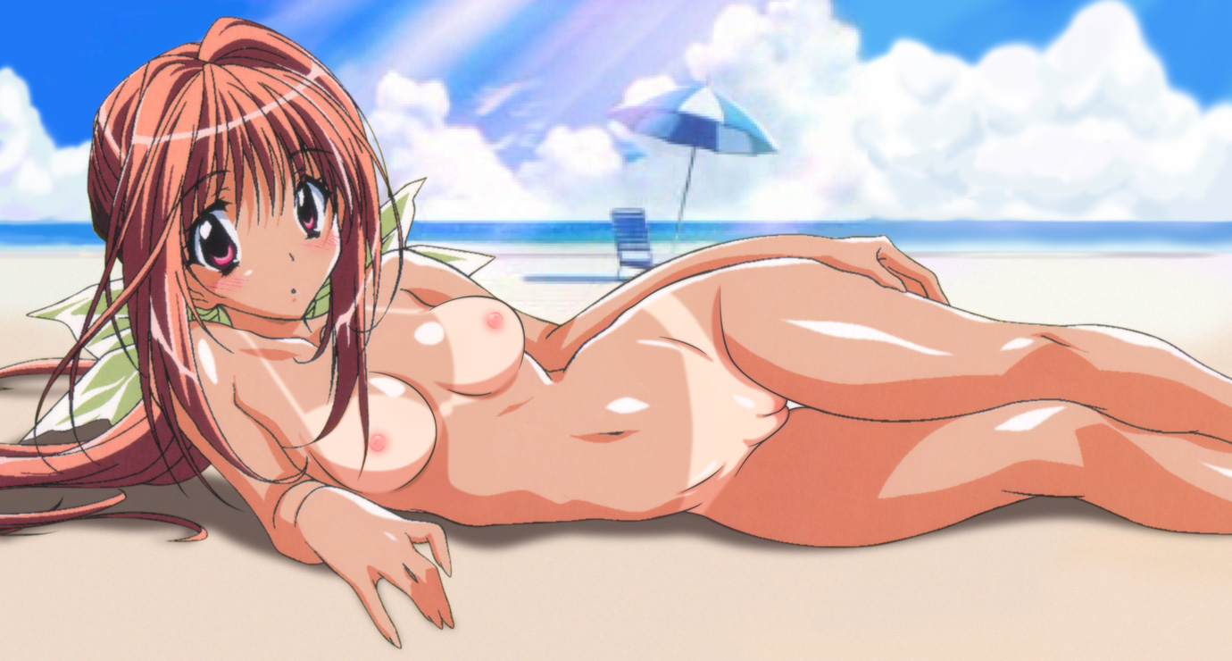 saimon tamaki, kakyuusei (series), kakyuusei 2, nude filter, resized, third-party edit, 1girl, beach, blush, bow, breasts, cloud, day, female focus, hair bow, long hair, lying, medium breasts, navel, nipples, nude, on side, outdoors, pink hair, purple eyes, pussy, sky, solo, tan, tanline, umbrella, uncensored, water