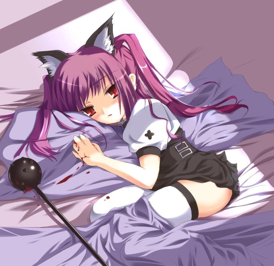 safi, kooh (pangya), pangya, 1girl, animal ears, blood, cat ears, female focus, long hair, purple hair, red eyes, solo, thighhighs