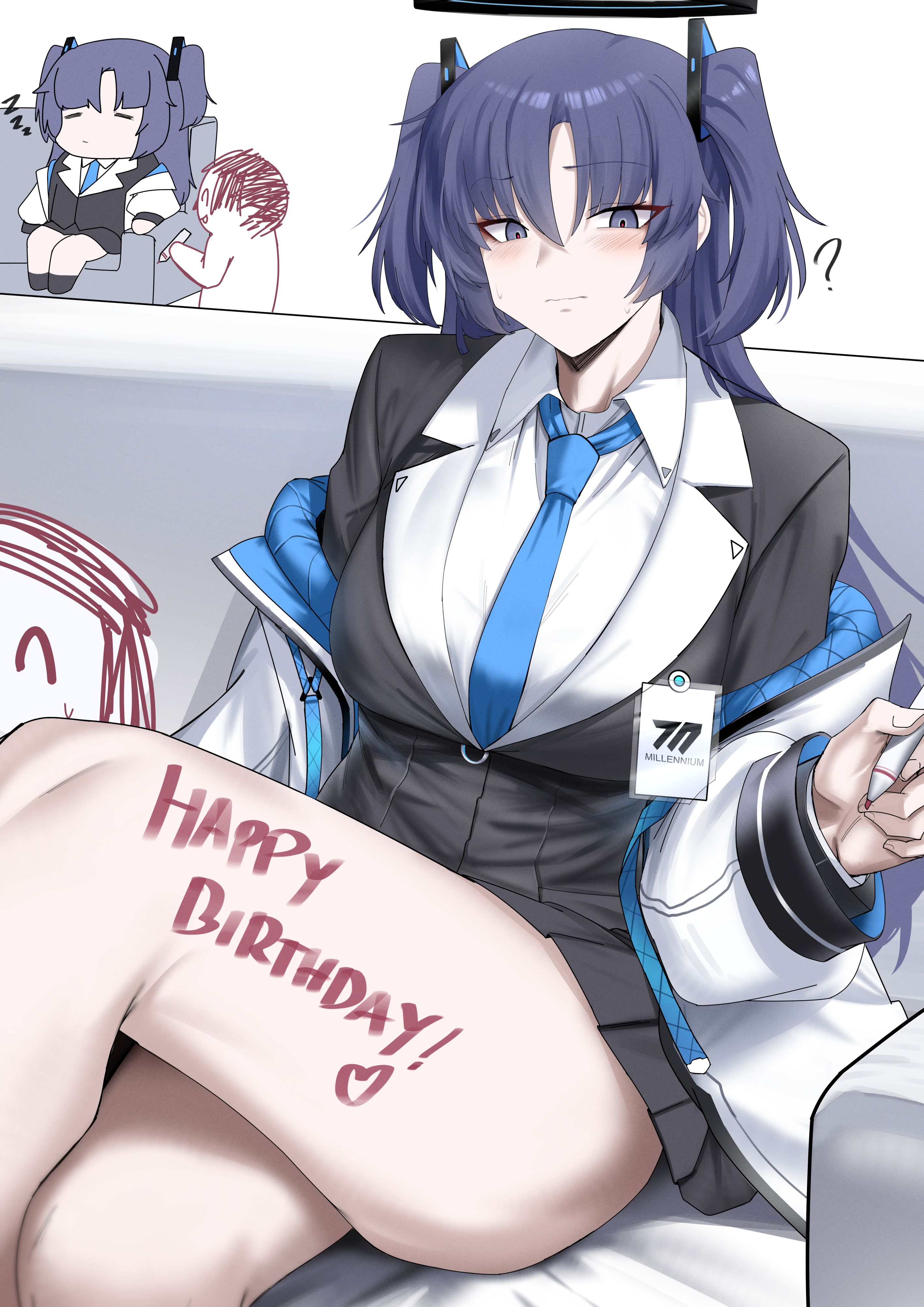 cliov, doodle sensei (blue archive), sensei (blue archive), yuuka (blue archive), blue archive, absurdres, commentary, highres, 1boy, 1girl, ?, black halo, black jacket, black skirt, blue eyes, blue hair, blue necktie, blush, breasts, closed mouth, collared shirt, couch, crossed legs, dress shirt, english text, feet out of frame, food on body, hair ornament, halo, happy birthday, holding, holding marker, id card, jacket, large breasts, long hair, marker, miniskirt, multiple views, necktie, off shoulder, on couch, open clothes, open jacket, pleated skirt, shirt, sitting, skirt, sweat, thick thighs, thighs, two side up, wavy mouth, white background, white jacket, white shirt, zzz