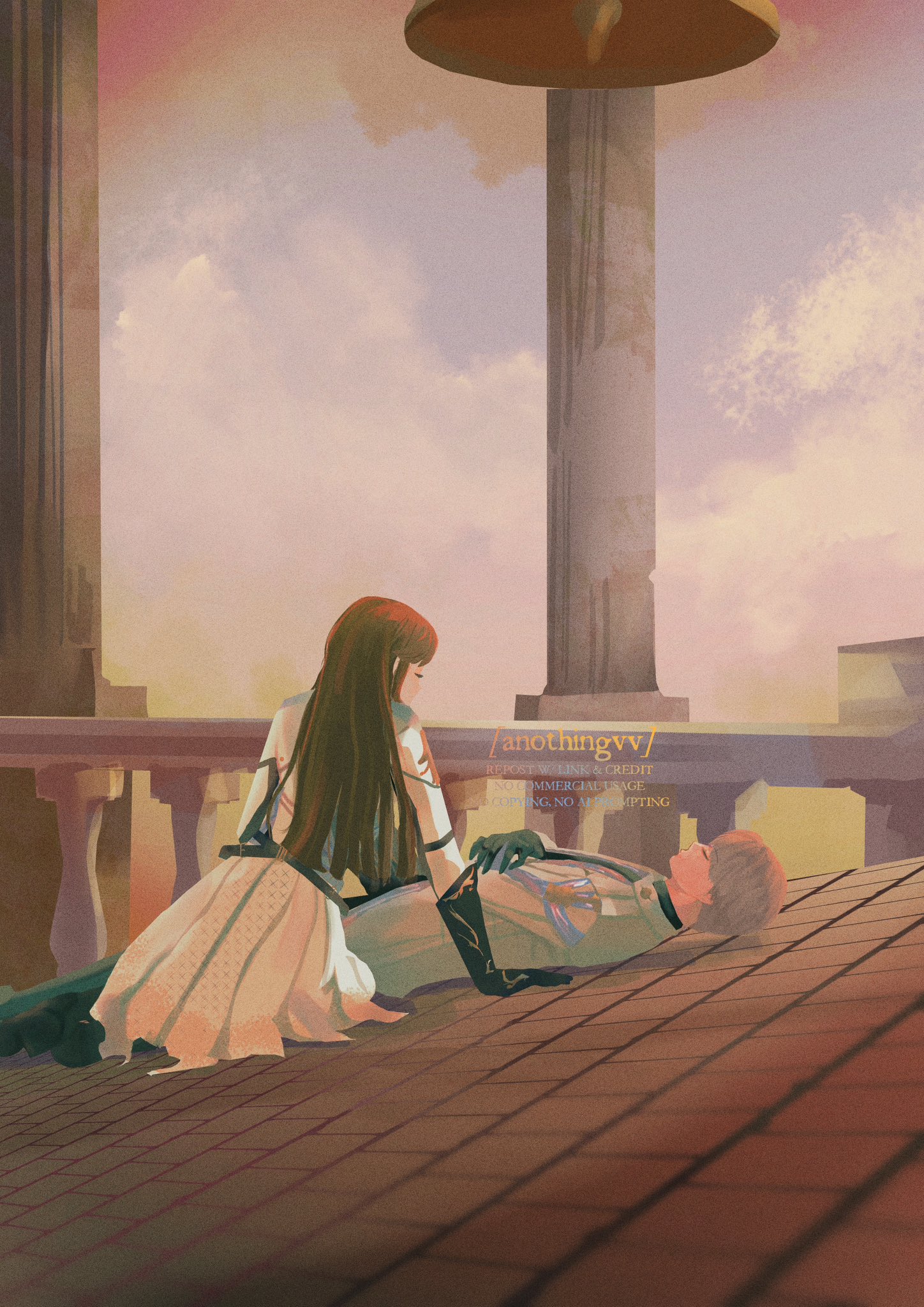 protagonist (love and deepspace), xavier (love and deepspace), love and deepspace, highres, 1boy, 1girl, anothingvv, artist name, bell, bell tower, black boots, black gloves, black shirt, boots, brown hair, closed eyes, cloud, cloudy sky, gloves, grey hair, grey jacket, hand on own chest, jacket, long hair, looking at another, lying, on back, pleated skirt, roof shingles, rooftop, shirt, short hair, skirt, sky, white jacket, white skirt