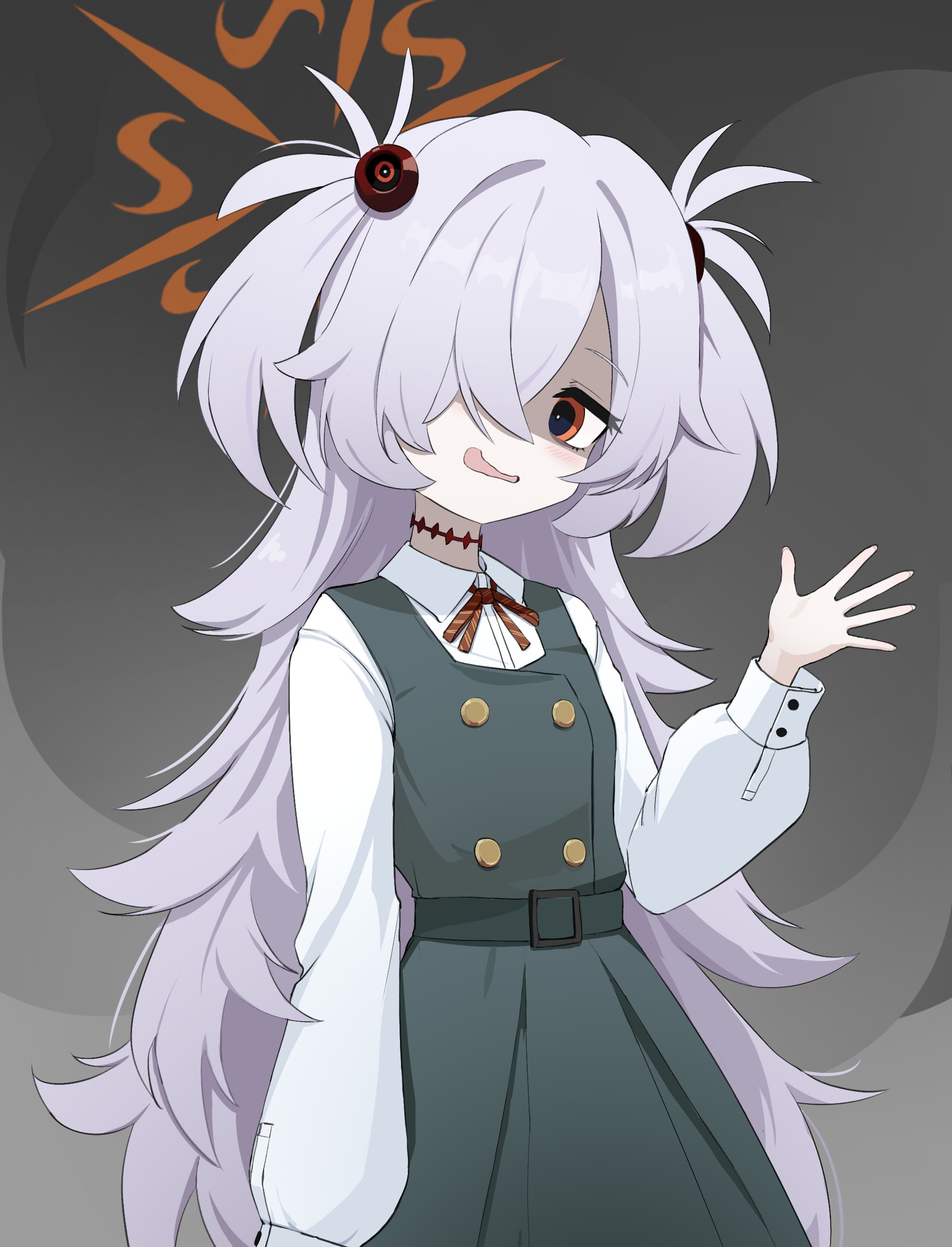 sseng 00, kanoe (blue archive), blue archive, absurdres, highres, 1girl, diagonal-striped ribbon, dress, hair over one eye, halo, long hair, looking at viewer, messy hair, open mouth, orange eyes, orange halo, scar, scar on neck, shaded face, shirt, simple background, sleeveless, sleeveless dress, solo, very long hair, waving, white hair, white shirt