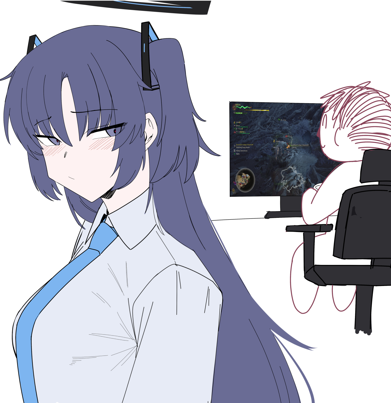 cliov, doodle sensei (blue archive), sensei (blue archive), yuuka (blue archive), blue archive, monster hunter (series), monster hunter wilds, commentary, highres, 1boy, 1girl, :/, black halo, blue eyes, blue hair, blue necktie, blush, chair, closed mouth, collared shirt, computer, dress shirt, flat color, hair ornament, halo, long hair, monitor, necktie, on chair, playing games, shirt, sitting, two side up, white shirt