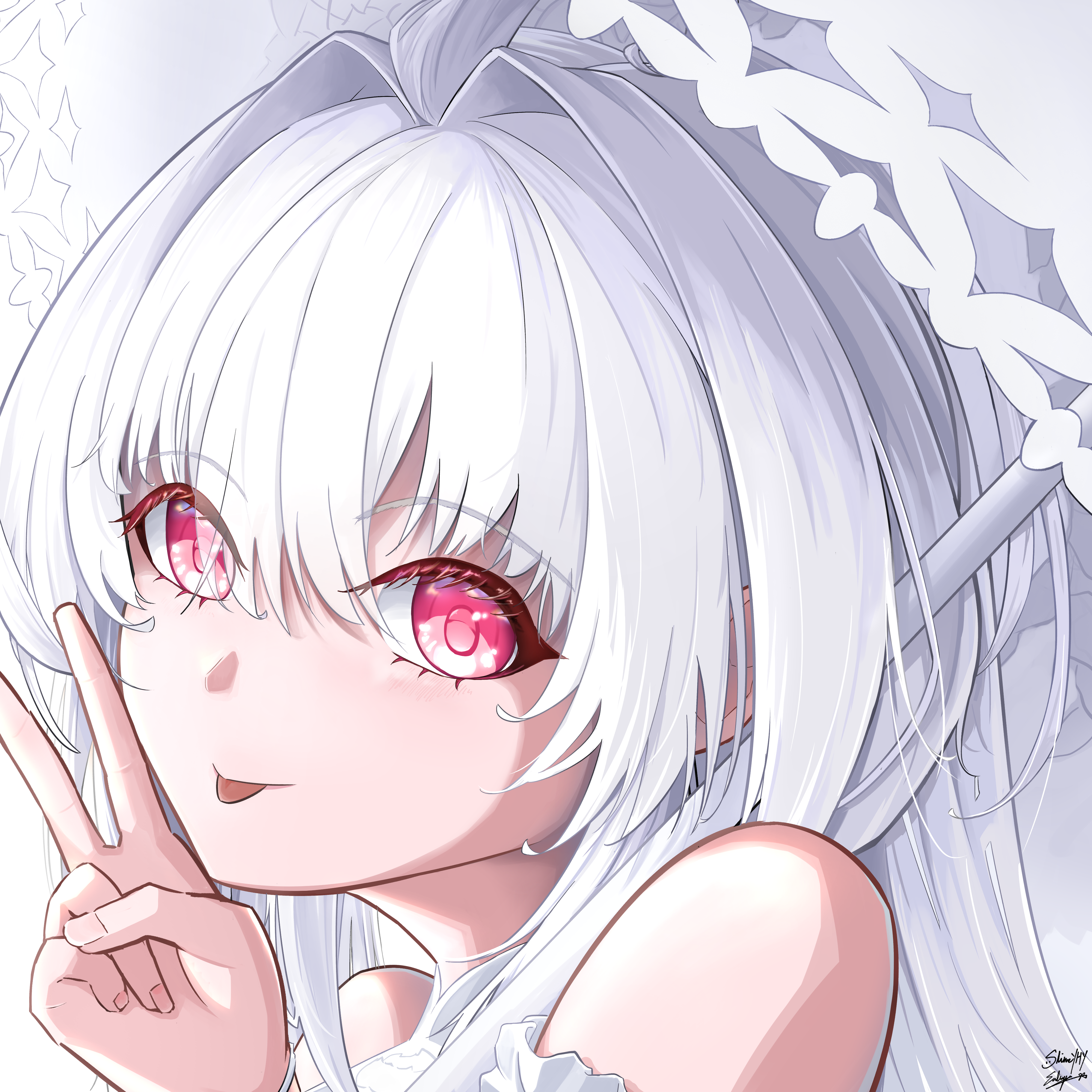 slime yhy, lady avalon (fate), lady avalon (second ascension) (fate), merlin (fate/prototype), fate/grand order, fate (series), absurdres, highres, 1girl, ahoge, bare shoulders, blush, holding, holding umbrella, long hair, looking at viewer, pink eyes, signature, solo, tongue, tongue out, umbrella, v, white hair