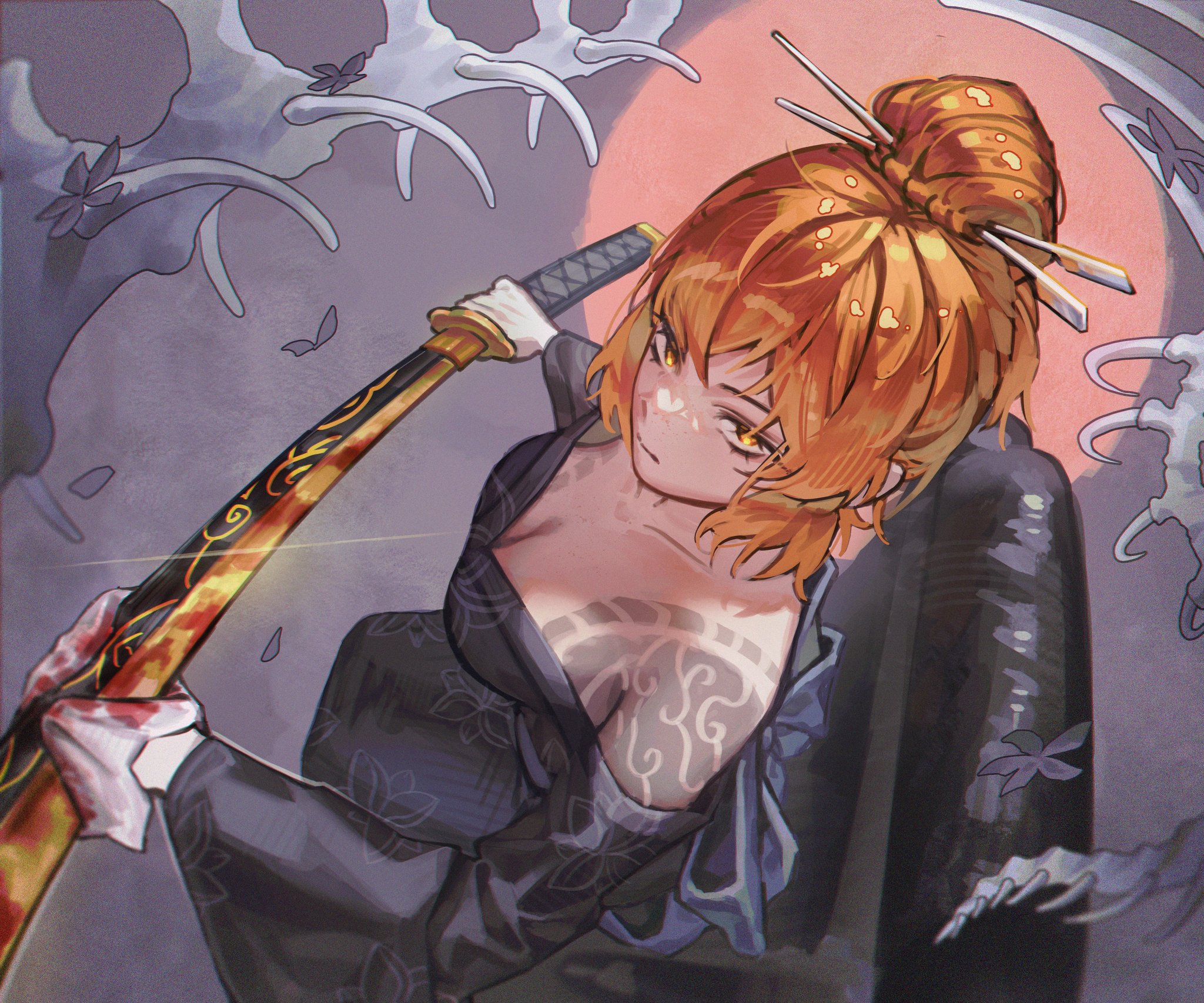 ishmael (project moon), kurokumo clan (identity) (project moon), limbus company, project moon, highres, 1girl, ahemsehszlfmf, back bow, bare shoulders, black bow, black kimono, blood, bloody weapon, bow, breasts, cleavage, closed mouth, collarbone, couch, floral print, from side, full body, grey background, hair bun, hair ornament, hair stick, handkerchief, hands up, holding, holding handkerchief, holding sword, holding weapon, japanese clothes, katana, kimono, large breasts, long sleeves, looking at viewer, looking up, moon, off shoulder, official alternate costume, official alternate hairstyle, on couch, orange hair, red moon, short hair, shoulder tattoo, sidelocks, sitting, solo, spine, sword, tattoo, weapon, wide sleeves, yellow eyes