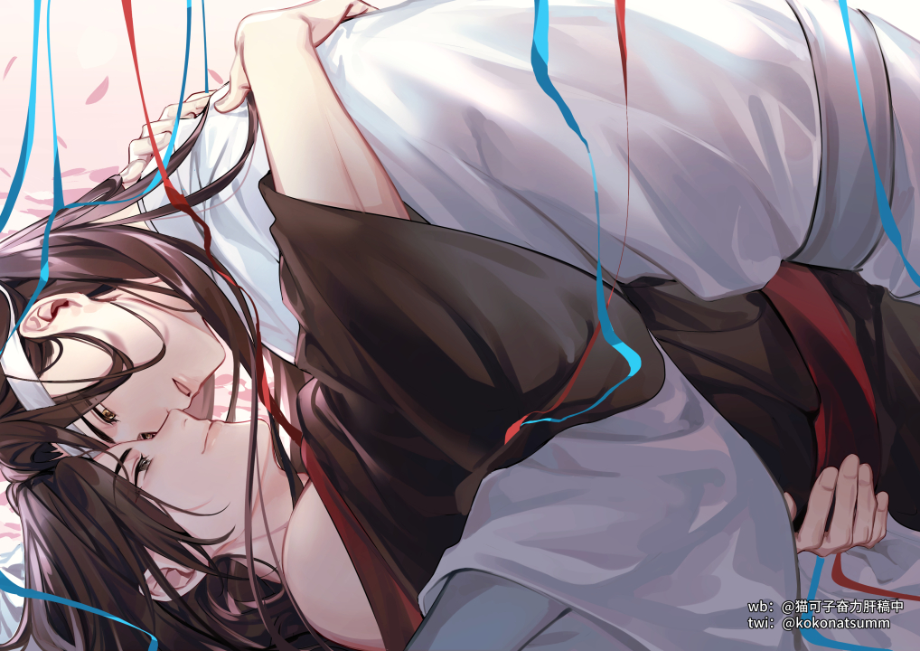 maokezi, lan wangji, wei wuxian, modao zushi, 2boys, alternate hairstyle, artist name, bare shoulders, bishounen, black hair, black hanfu, blue ribbon, boy on top, brown hair, chinese clothes, closed mouth, couple, eye contact, face-to-face, falling petals, hair down, hanfu, headband, hug, imminent kiss, long hair, long sleeves, looking at another, lying, male focus, multiple boys, off shoulder, on back, parted lips, petals, red eyes, red ribbon, red sash, ribbon, robe, sash, smile, twitter username, watermark, white hanfu, white headband, white sash, wide sleeves, yaoi, yellow eyes