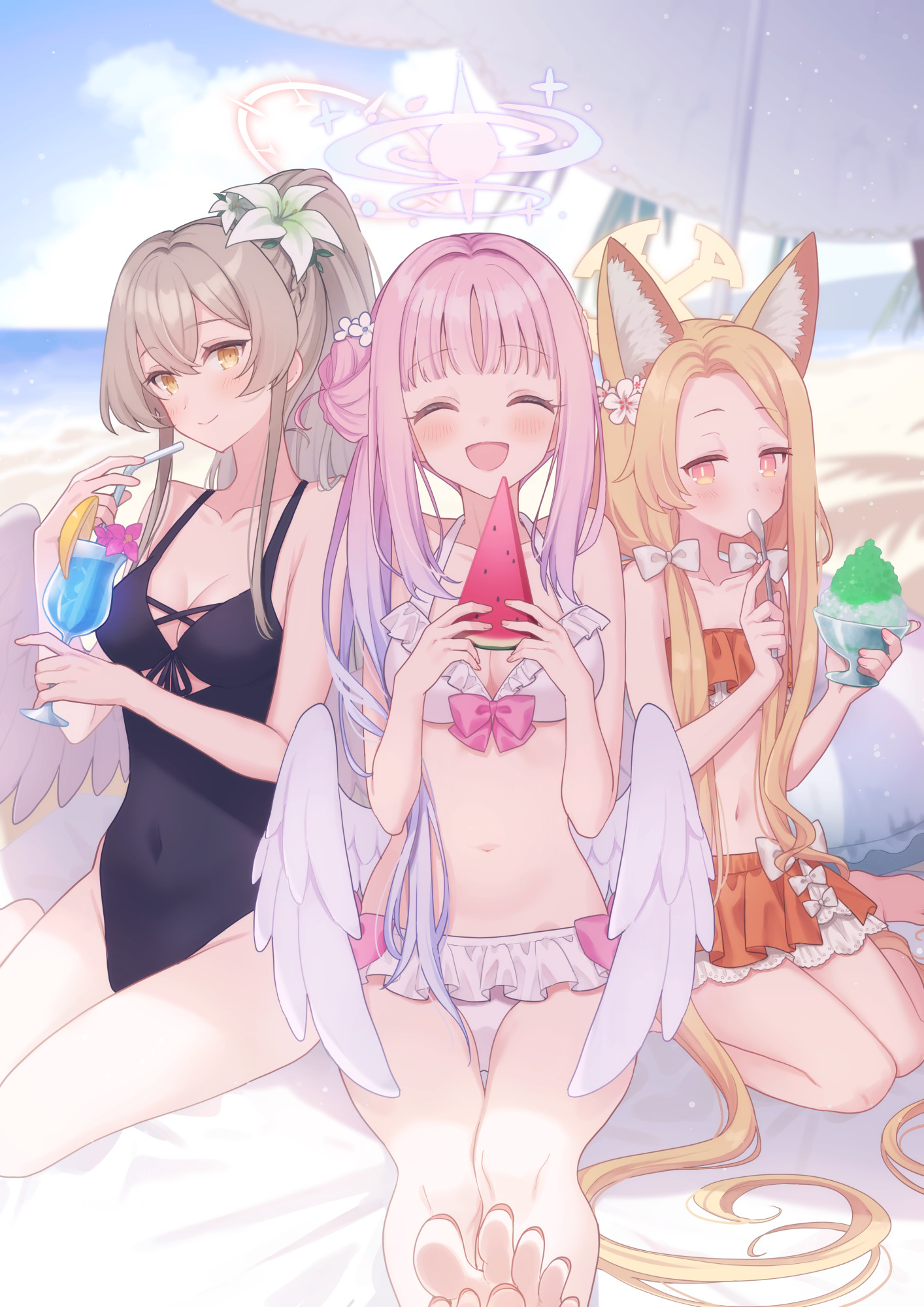 koto (colorcube), mika (blue archive), nagisa (blue archive), seia (blue archive), blue archive, highres, alternate costume, angel wings, animal ear fluff, animal ears, bare arms, bare legs, bare shoulders, beach, bikini, blue one-piece swimsuit, blush, breasts, brown hair, cleavage, closed mouth, collarbone, covered navel, cup, drinking straw, feathered wings, flower, food, fox ears, fox girl, frilled bikini, frilled bikini top, frills, fruit, gradient hair, hair bun, hair flower, hair ornament, halo, holding, holding cup, holding food, holding fruit, holding spoon, holding watermelon, long hair, looking at viewer, low wings, medium breasts, multicolored hair, navel, ocean, one-piece swimsuit, open mouth, orange (fruit), orange bikini, orange eyes, orange hair, orange halo, orange slice, pink hair, pink halo, ponytail, shaved ice, single hair bun, sitting, smile, spoon, stomach, swimsuit, tea party (blue archive), toes, very long hair, wariza, watermelon, watermelon slice, white bikini, white wings, wings, yellow eyes