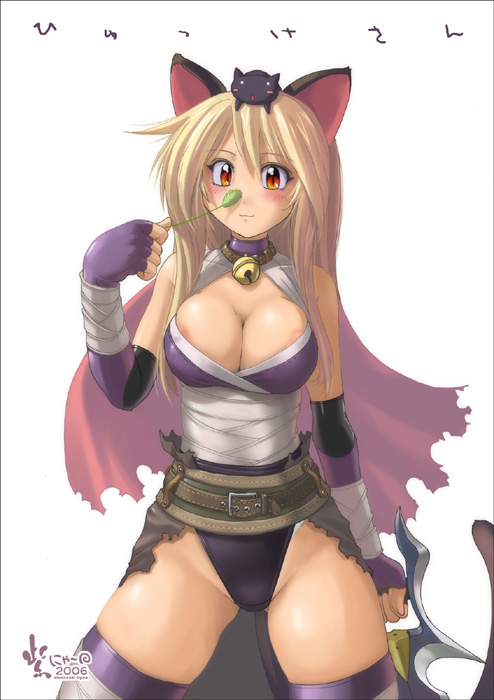 nyanko batake, assassin (ragnarok online), ragnarok online, 1girl, animal, animal ears, animal on head, areola slip, assassin, blonde hair, brown eyes, cat, cat ears, cat on head, cat tail, cat teaser, drooping cat, female focus, long hair, on head, slit pupils, solo, tail, thighhighs