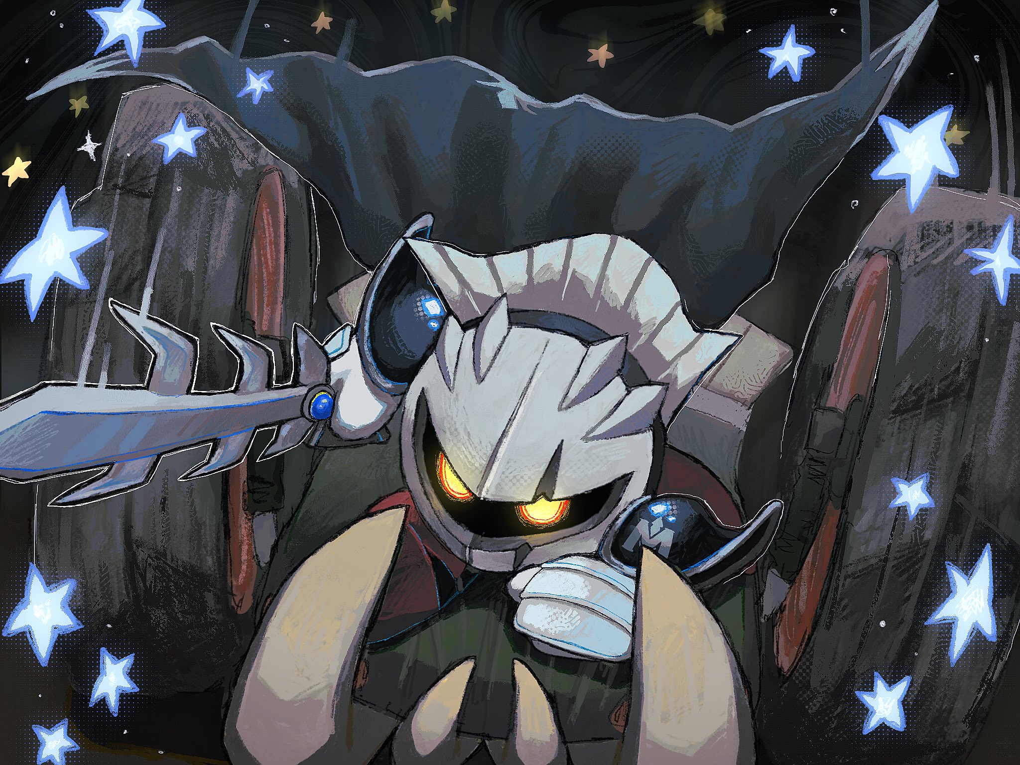 54me 1, dark meta knight, kirby (series), kirby air ride, kirby air riders, nintendo, commentary, highres, 1boy, 2025, arm up, armor, battle chariot star, cape, chariot, floating clothes, galaxia (sword), gauntlets, gloves, glowing, glowing eyes, greaves, holding, holding sword, holding weapon, knight, looking at viewer, male focus, mask, motion lines, motor vehicle, pauldrons, red armor, shoulder armor, solo, sword, weapon, wheel, white gloves, yellow eyes