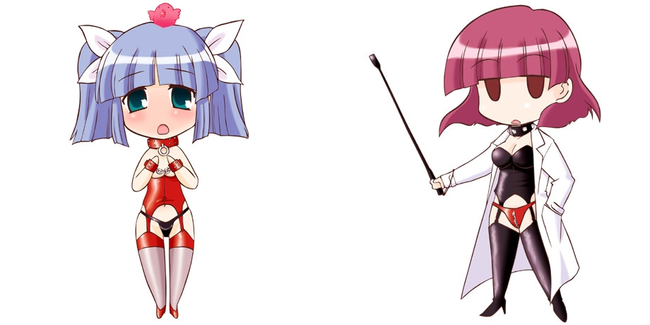igarashi miyuki, suzuki sayaka, pani poni dash!, 00s, 2girls, bdsm, breasts, empty eyes, female focus, full body, multiple girls, panties, red hair, shoes, simple background, standing, thighhighs, underwear, white background