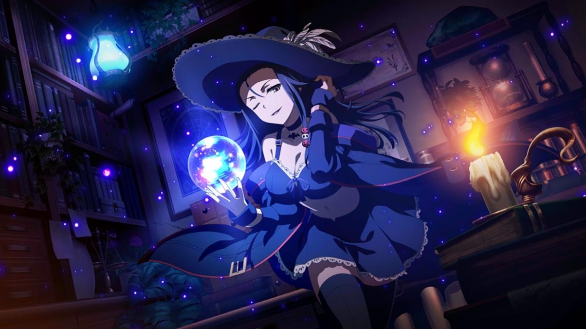 haimura kiyotaka, kumokawa seria, toaru majutsu no index, toaru majutsu no index: imaginary fest, toaru majutsu no index: new testament, game cg, highres, official art, 1girl, bare shoulders, black choker, black coat, black eyes, black hair, black hat, black skirt, black socks, black thighhighs, book, bookshelf, breasts, candle, choker, cleavage, coat, coat on shoulders, collarbone, crystal ball, dot nose, female focus, forehead, glowing crystal, hat, hat feather, indoors, kneehighs, lamp, large breasts, large hat, long hair, long sleeves, looking at viewer, midriff peek, miniskirt, navel, one eye closed, open mouth, pleated skirt, skirt, smile, socks, solo, solo focus, stomach, table, thighhighs, thighs, witch, witch hat, zettai ryouiki