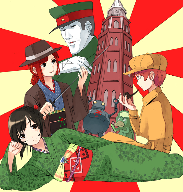 b-ginga, 2boys, 2girls, black hair, detective, gloves, hat, holding, holding smoking pipe, humanoid robot, japanese clothes, kappa, kimono, lying, multiple boys, multiple girls, on side, red hair, robot, smoking pipe, sword, tower, weapon, white gloves