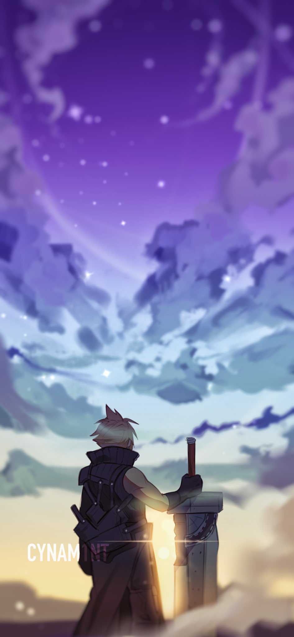 cloud strife, final fantasy, final fantasy vii, final fantasy vii advent children, highres, 1boy, armor, artist name, black gloves, black pants, black vest, blonde hair, cloud, cloudy sky, cynam1nt, facing away, fusion swords, gloves, holding, holding sword, holding weapon, looking up, male focus, night, night sky, pants, pauldrons, short hair, shoulder armor, single bare shoulder, single pauldron, sky, solo, spiked hair, sword, vest, waist cape, weapon