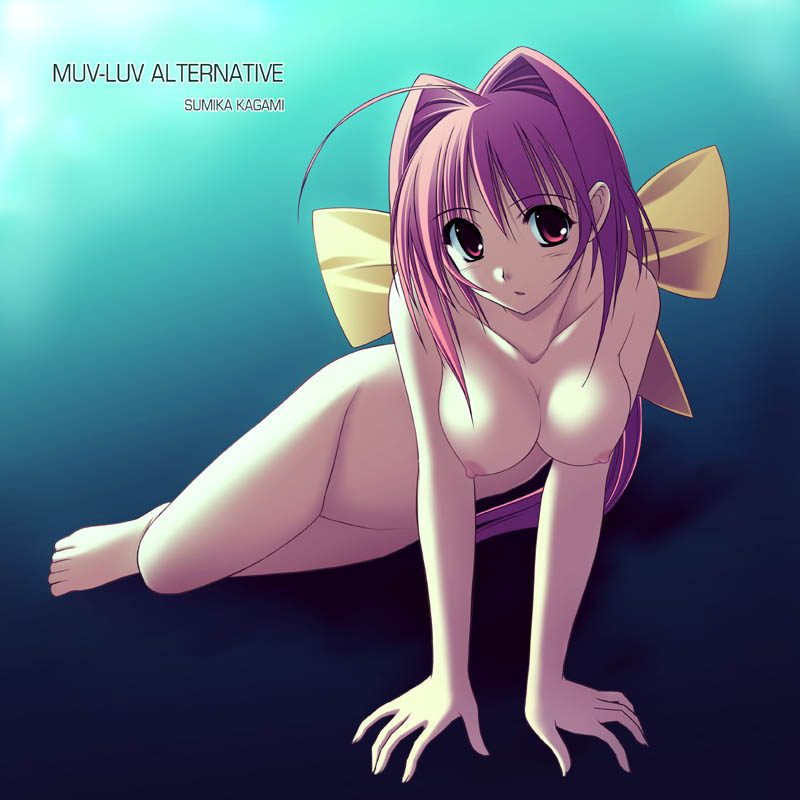 takepon, kagami sumika, muv-luv, muv-luv alternative, 1girl, arm support, barefoot, breasts, character name, copyright name, female focus, hair intakes, hair ribbon, large breasts, nipples, nude, pink eyes, pink hair, ribbon, solo, thighs