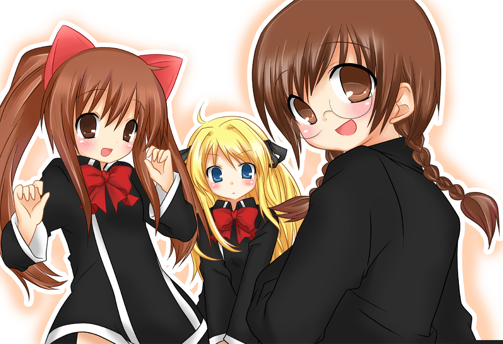 shiratama, shiratama yomogi, aloe, aloe (quiz magic academy), clala, shalon, quiz magic academy, 3girls, :d, blonde hair, blue eyes, blush, bow, bowtie, braid, glasses, hair ribbon, long sleeves, looking at viewer, multiple girls, open mouth, own hands together, red bow, ribbon, school uniform, serafuku, sidelocks, simple background, smile, twin braids, twintails, two side up, v arms