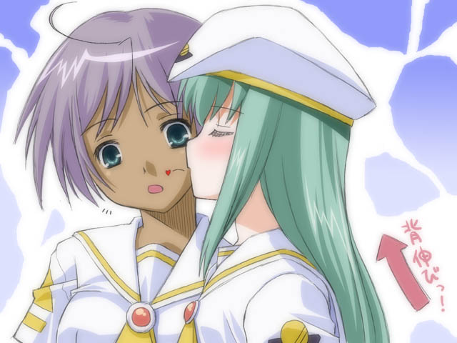 umekichi, alice carroll, athena glory, aria (manga), 00s, 2girls, closed eyes, dark-skinned female, dark skin, female focus, hat, kiss, kissing cheek, multiple girls, surprised, yuri