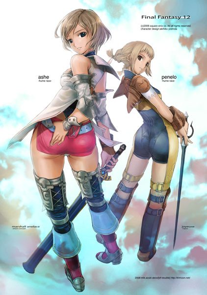 mikazuki akira!, ashelia b'nargin dalmasca, penelo, final fantasy, final fantasy xii, 00s, 2girls, ass, belt, blonde hair, blouse, blue eyes, boots, brown eyes, brown hair, from behind, leotard, looking back, microskirt, miniskirt, multiple girls, panties, sheath, shirt, short hair, skin tight, skirt, smile, strap, sword, thigh boots, thigh strap, thighhighs, trimoon, underwear, weapon, white panties