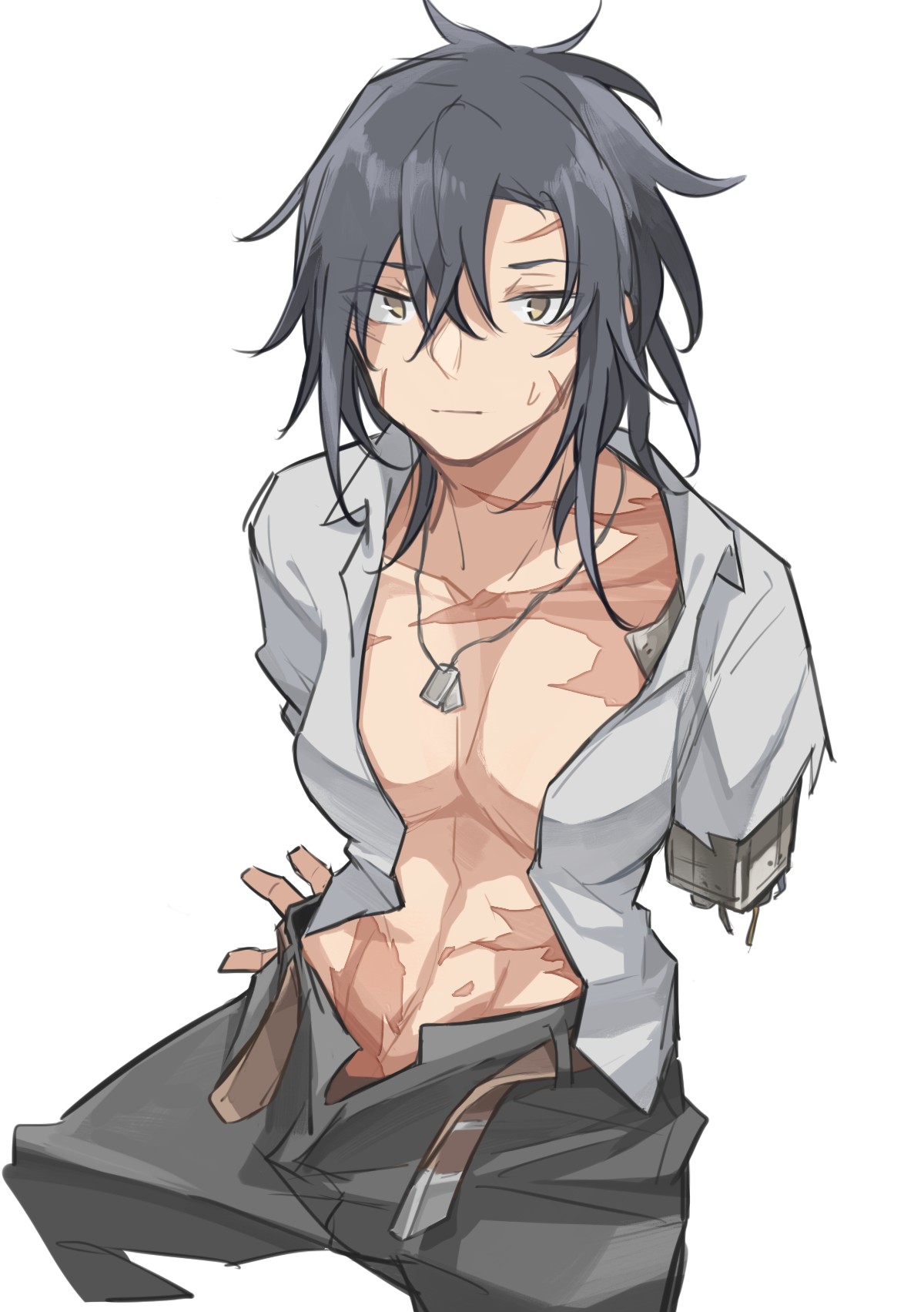 xinhao, angelia (girls' frontline), girls' frontline, highres, 1girl, belt, black hair, breasts, closed mouth, hair over one eye, long hair, long sleeves, looking at viewer, mechanical arms, midriff, scar, scar on face, shirt, simple background, single mechanical arm, solo, white background, white shirt