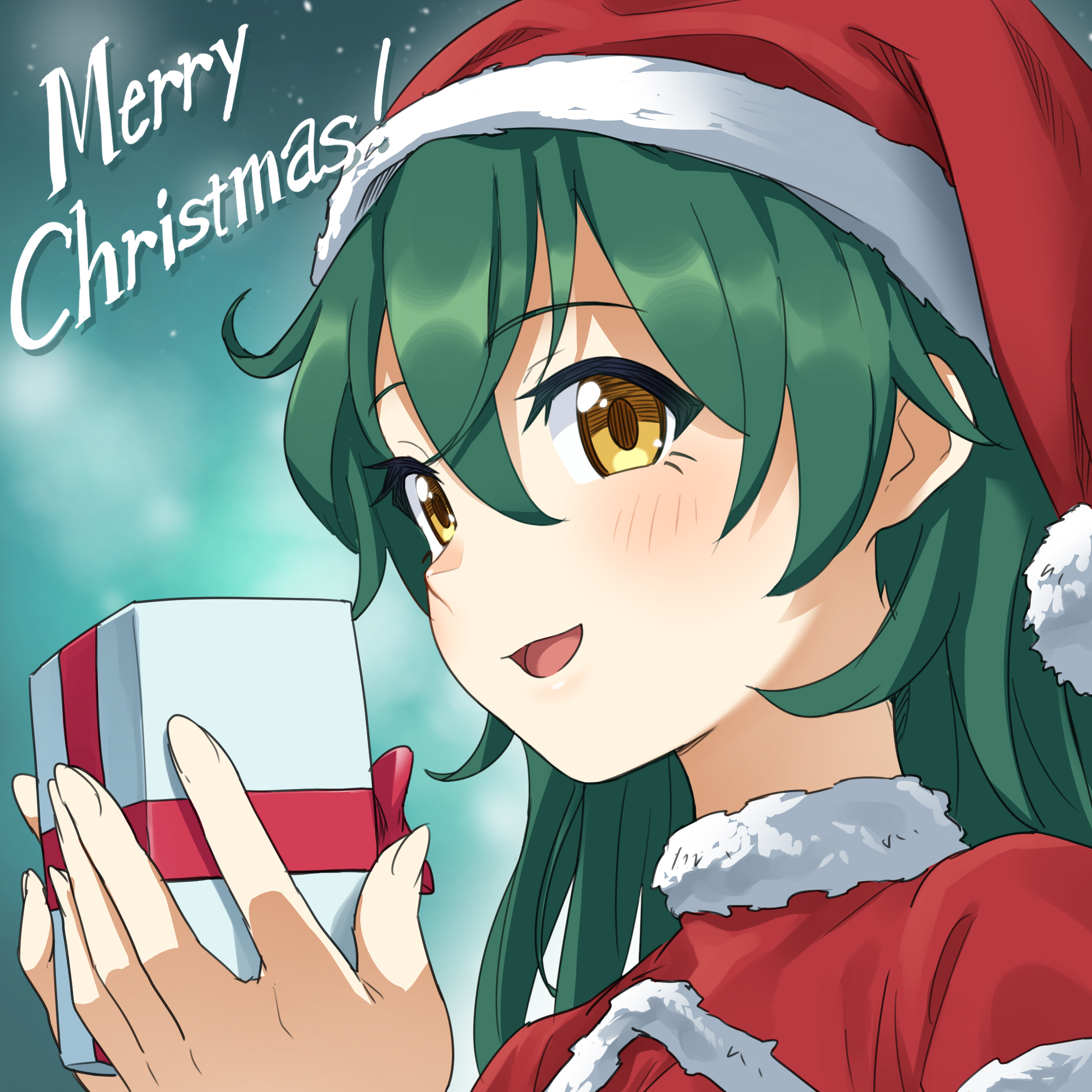tyuga, anima gear, absurdres, highres, official art, 1girl, close-up, dress, fur-trimmed dress, fur trim, gift, gradient background, green hair, hat, holding, holding gift, long hair, merry christmas, mitsunasi konoe, open mouth, santa costume, santa hat, solo, upper body, yellow eyes