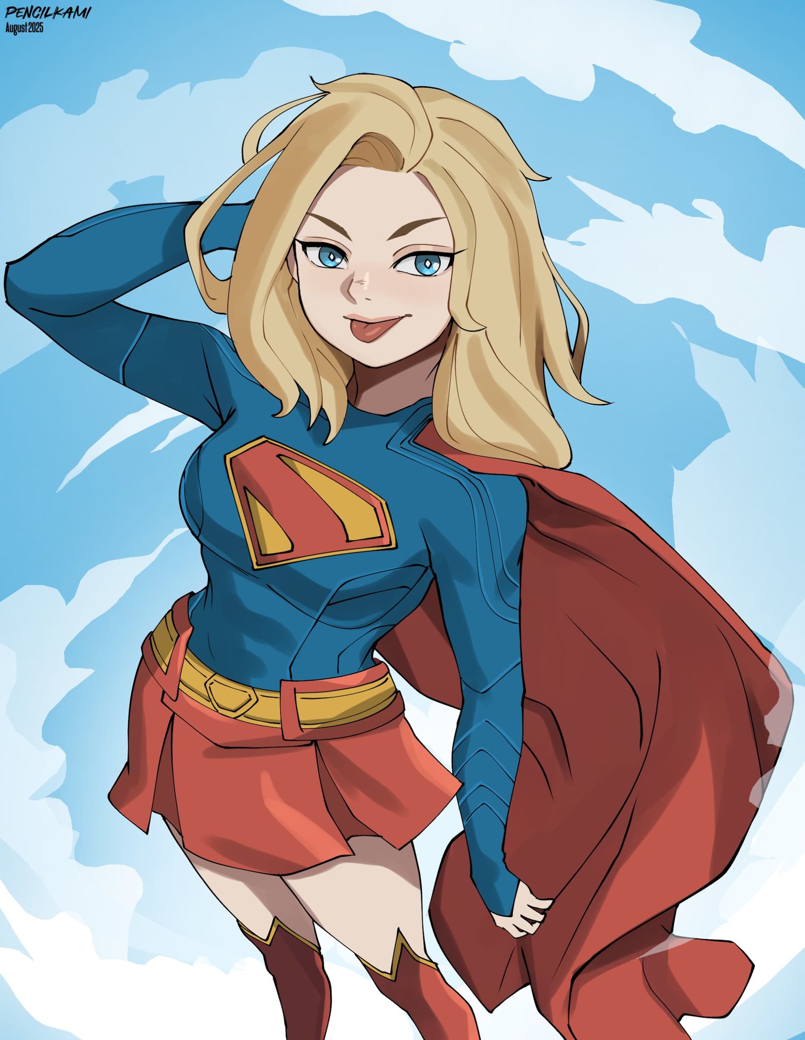 pencilkami, supergirl, dc comics, superman (series), highres, 1girl, blonde hair, blue eyes, boots, breasts, cape, long hair, long sleeves, looking at viewer, red cape, skirt, sky, smile, solo, superhero costume