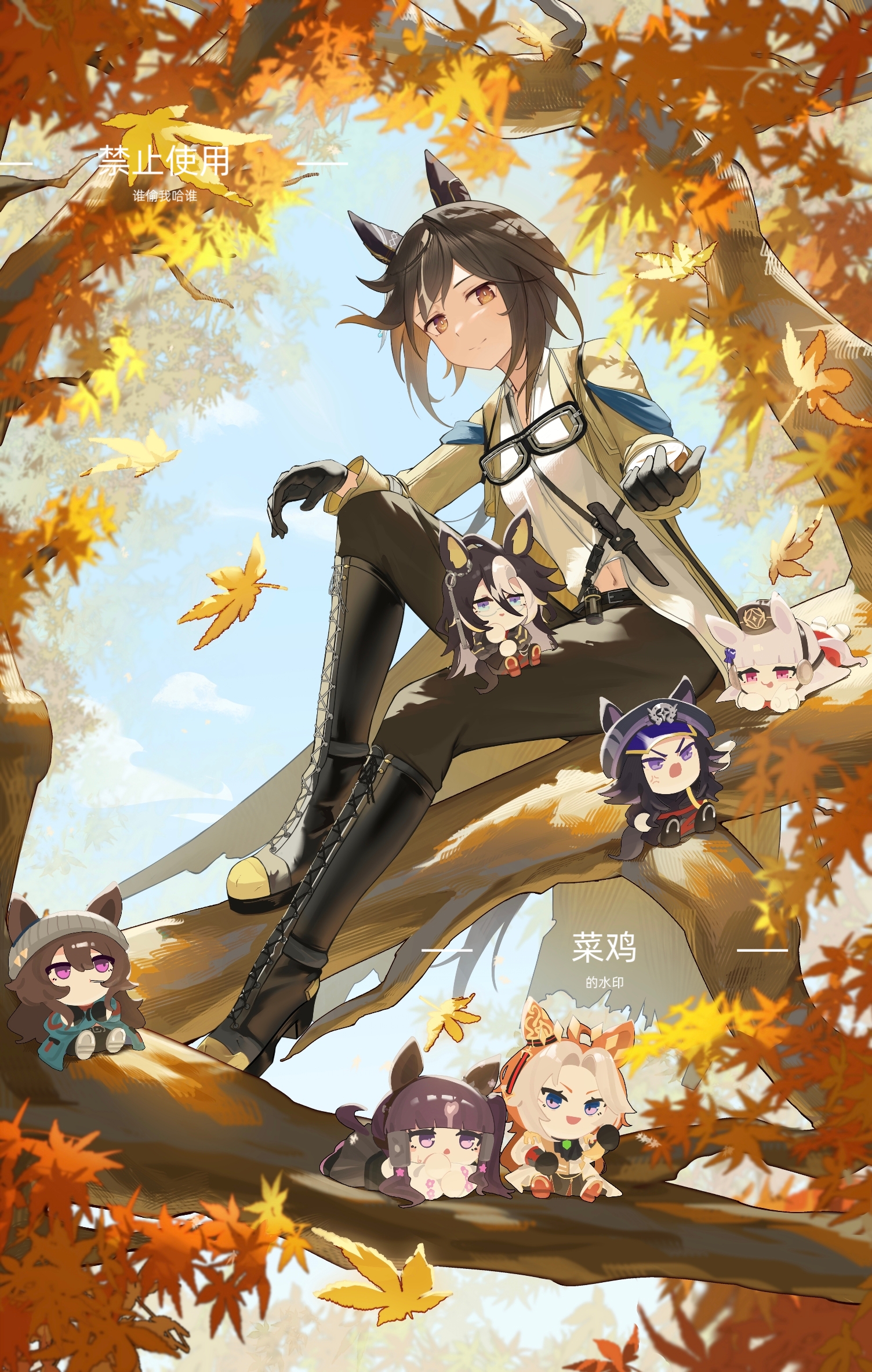 cai ji (user jmrv4342), dream journey (umamusume), fenomeno (umamusume), gold ship (umamusume), lucky lilac (umamusume), nakayama festa (umamusume), orfevre (umamusume), stay gold (umamusume), umamusume, highres, 6+girls, :p, anger vein, animal ears, autumn leaves, beanie, black hair, blue eyes, blunt bangs, boots, bow, branch, brown eyes, brown hair, closed mouth, coat, crossed arms, day, ear bow, ear covers, ear ornament, ears through headwear, eyebrows hidden by hair, floating hair, full body, glasses, goggles, goggles around neck, grey hair, hair between eyes, hat, horse ears, horse girl, horse tail, horseshoe hat ornament, horseshoe ornament, in tree, knee up, knife, knife sheath, lace-up boots, leaf, light smile, long hair, long sleeves, looking at another, looking at viewer, lying, maple leaf, midriff peek, mini person, minigirl, multicolored hair, multiple girls, navel, on stomach, open clothes, open coat, open mouth, outdoors, pants, peaked cap, pillbox hat, pink eyes, purple eyes, semi-rimless eyewear, sheath, shirt partially tucked in, short hair, sitting, sitting in tree, sitting on branch, sitting on leg, sitting on person, size difference, skirt, smile, stay gold clan (umamusume), tail, tongue, tongue out, tree, tube, under-rim eyewear, v-shaped eyebrows, wind