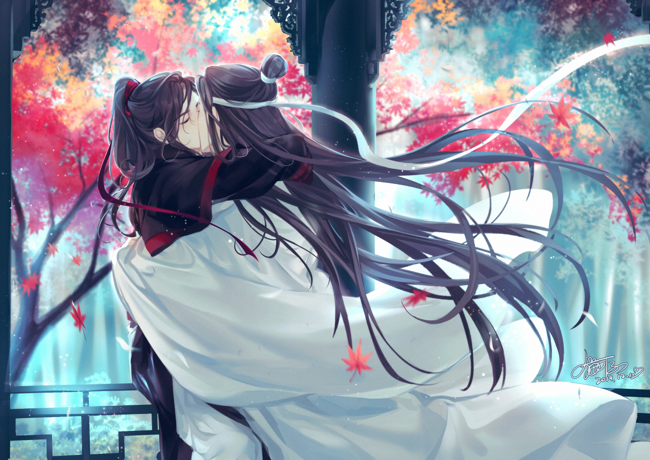 maokezi, lan wangji, wei wuxian, modao zushi, chinese commentary, 2boys, architecture, artist name, autumn, autumn leaves, bishounen, black hair, black hanfu, chinese clothes, closed eyes, couple, dated, day, east asian architecture, falling leaves, floating clothes, floating hair, hair ribbon, hanfu, headband, hug, implied kiss, kiss, leaf, light particles, long hair, long sleeves, male focus, maple leaf, multiple boys, outdoors, pillar, ponytail, railing, red ribbon, ribbon, robe, sidelocks, signature, standing, topknot, tree, upper body, very long hair, white hanfu, white headband, wide sleeves, wind, xiao guan (headdress), yaoi