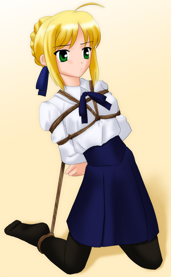 kannazuki okuto, artoria pendragon (fate), saber (fate), fate/stay night, fate (series), 00s, 1girl, arms behind back, bdsm, blonde hair, blouse, blue ribbon, bondage, bound, box tie, breast bondage, breasts, female focus, pantyhose, ribbon, rope, school uniform, serafuku, shibari, shibari over clothes, shirt, solo, straight face