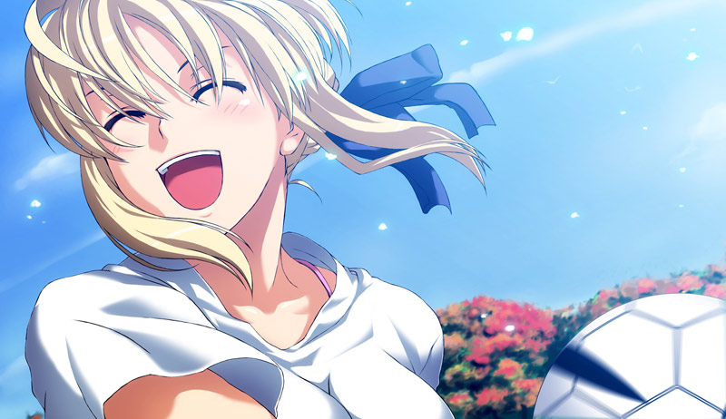 artoria pendragon (fate), saber (fate), fate/stay night, fate (series), type-moon, 00s, 1girl, :d, :o, ^ ^, alternate costume, ball, blonde hair, casual, closed eyes, day, female focus, flower, happy, open mouth, playing sports, roteiro, sky, smile, soccer, soccer ball, solo