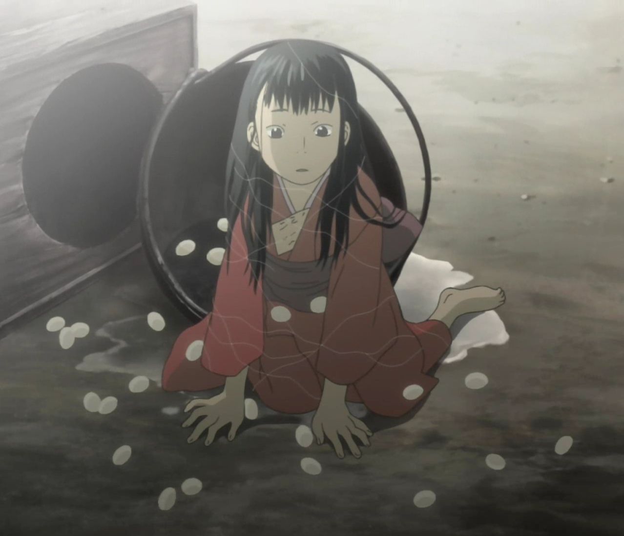 ito (mushishi), mushishi, anime screenshot, 1girl, barefoot, basket, black eyes, black hair, box, cocoon, expressionless, failure, female focus, food, full body, hole, japanese clothes, kimono, long hair, looking at viewer, parted lips, sitting, solo, wariza