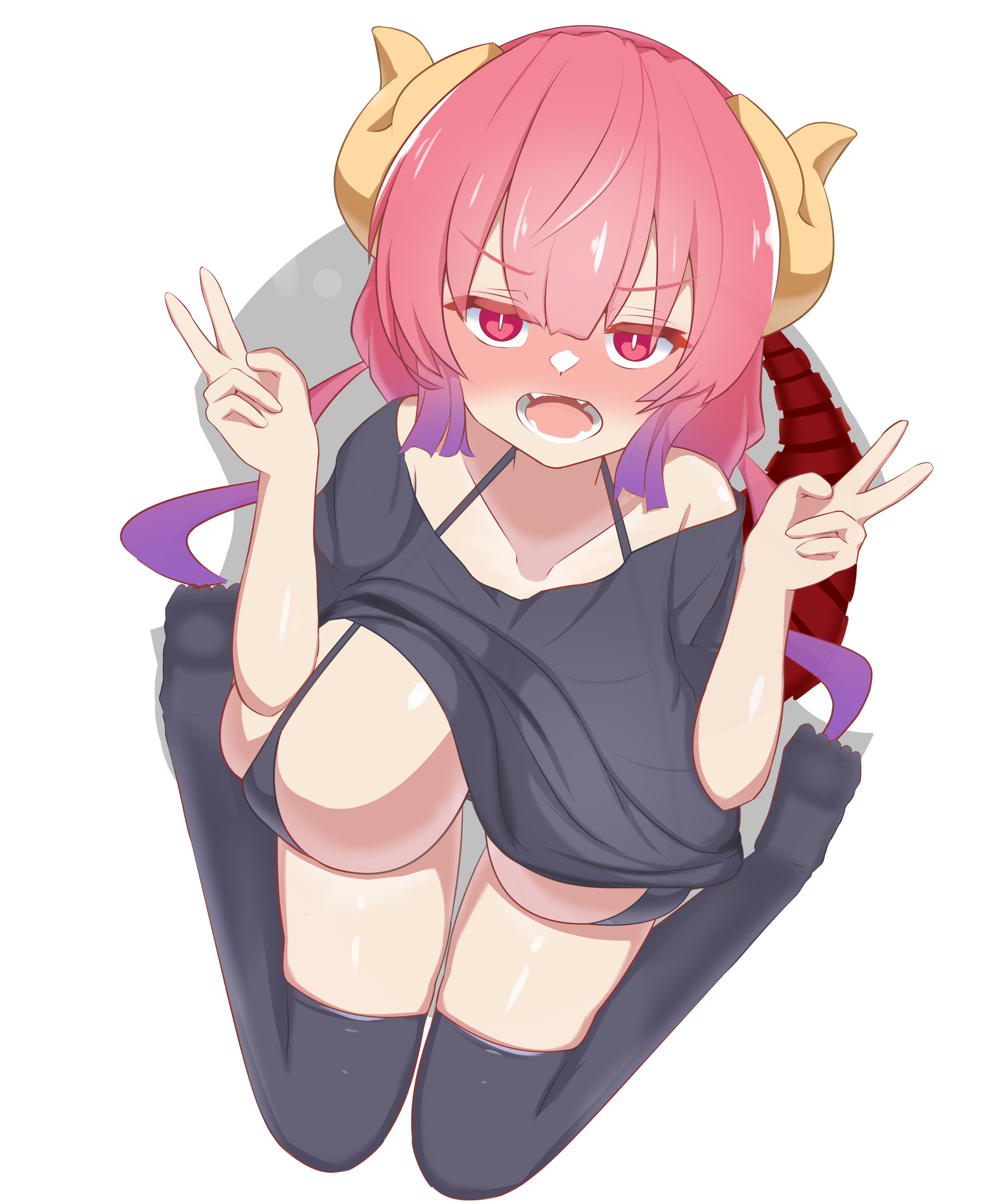 hatenamaru, ilulu (maidragon), kobayashi-san chi no maidragon, large variant set, variant set, 1girl, annoyed, bare shoulders, bikini, black bikini, black shirt, black thighhighs, blush, breasts, clothes lift, collarbone, double v, dragon girl, dragon horns, embarrassed, eyelashes, female focus, from above, full-face blush, gradient hair, hands up, horns, huge breasts, long hair, looking at viewer, looking up, low twintails, multicolored hair, off-shoulder shirt, off shoulder, open mouth, purple hair, red eyes, red hair, shirt, shirt lift, short sleeves, shortstack, simple background, sitting, solo, swimsuit, t-shirt, teeth, thigh gap, thighhighs, tsundere, twintails, two-tone hair, v, w arms, wariza, white background