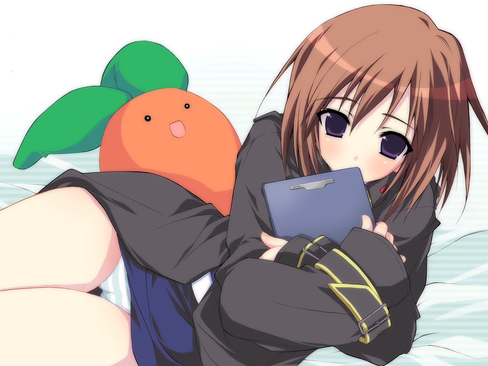 murakami suigun, kirishima kaori, moekan, uniform, highres, 1girl, blue panties, brown hair, cameltoe, carrot, clipboard, female focus, lying, on side, panties, purple eyes, solo, striped clothes, striped panties, thigh gap, thighs, underwear