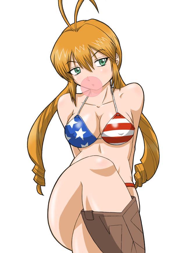 monica adenauer, yakitate!! japan, 00s, 1girl, american flag, american flag bikini, american flag print, bikini, blonde hair, boots, chewing gum, crossed legs, flag print, flag print bikini, green eyes, print bikini, swimsuit, twintails