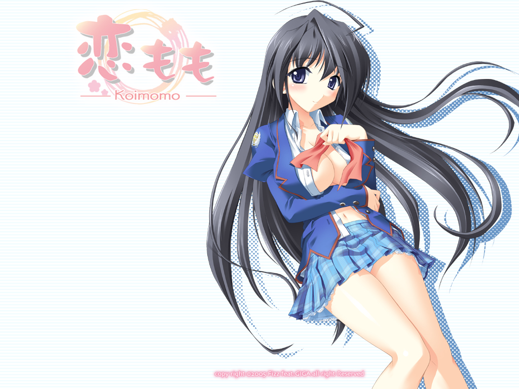 yamino kenji, tokisaka hazuki, koimomo, 1girl, female focus, long hair, open clothes, open shirt, panties, pantyshot, pleated skirt, school uniform, serafuku, shirt, simple background, skirt, solo, underwear, very long hair, white panties