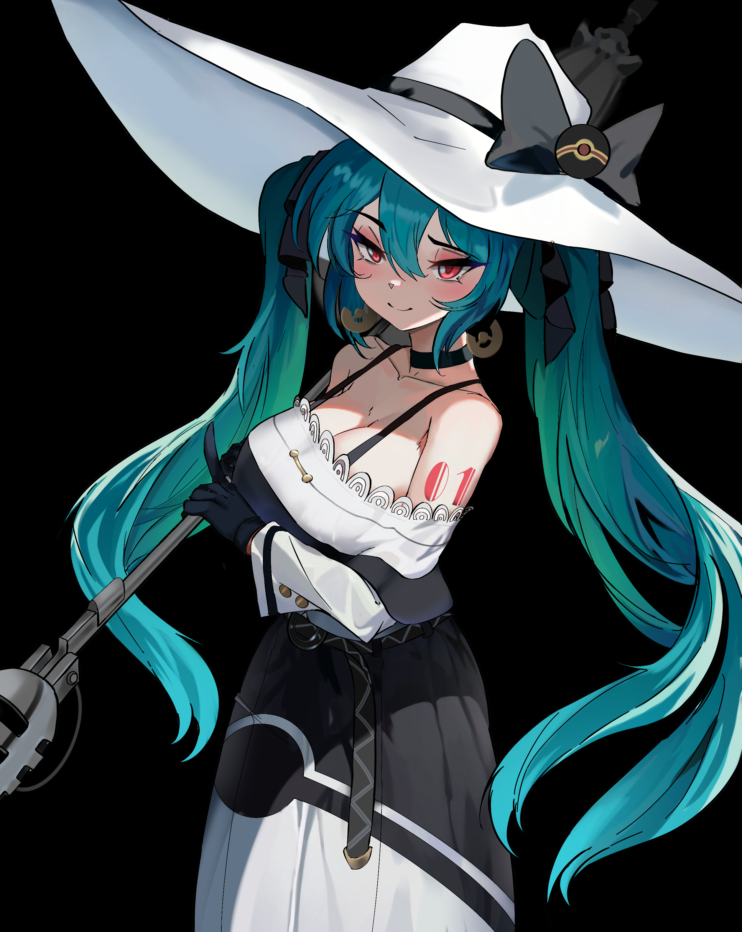 izublah, dark miku (project voltage), hatsune miku, pokemon, project voltage, vocaloid, absurdres, highres, black choker, bow, breasts, choker, hat, hat bow, holding, holding microphone stand, holding umbrella, large breasts, microphone, microphone stand, red circle, two-tone capelet, umbrella