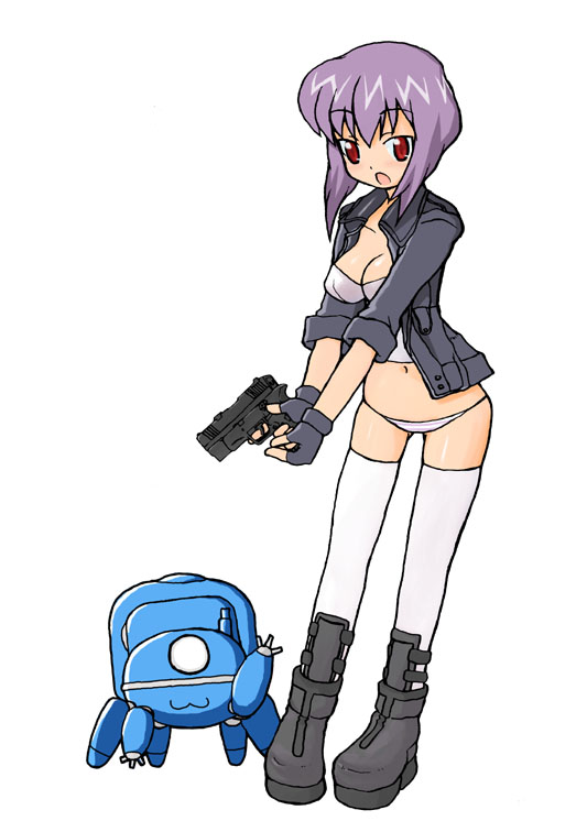 kusanagi motoko, tachikoma, ghost in the shell, ghost in the shell: stand alone complex, minimized, artist request, 00s, 1girl, :3, boots, chibi, cyberpunk, female focus, gloves, grey panties, gun, handgun, jacket, lowleg, lowleg panties, mecha, no pants, oekaki, panties, pistol, purple hair, red eyes, robot, science fiction, short hair, solo, standing, striped clothes, striped panties, thighhighs, underwear, weapon, white thighhighs