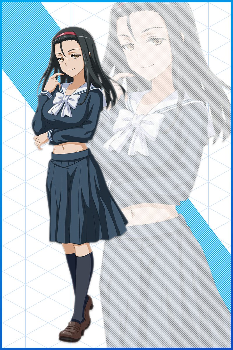 haimura kiyotaka, kumokawa seria, toaru majutsu no index, toaru majutsu no index: imaginary fest, toaru majutsu no index: new testament, game cg, highres, official art, 1girl, arm under breasts, black hair, black socks, blue serafuku, blue skirt, bow, breasts, brown eyes, brown shoes, character profile, closed mouth, dot nose, female focus, forehead, full body, headband, large breasts, long hair, long skirt, long sleeves, looking at viewer, midriff, navel, pleated skirt, red headband, reference sheet, school uniform, serafuku, shoes, skirt, smile, socks, solo, solo focus, stomach, white bow