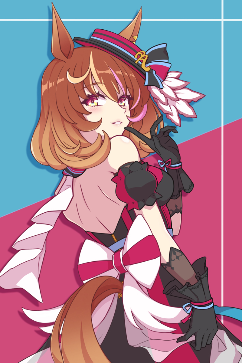 flan (zhd91), north flight (umamusume), umamusume, highres, 1girl, animal ears, back bow, black gloves, blue background, blue ribbon, blue trim, bow, brown hair, detached sleeves, from behind, gloves, hair between eyes, hat, hat bow, horse ears, horse girl, horse tail, long hair, looking back, multicolored hair, parted lips, red background, red eyes, red ribbon, ribbon, short sleeves, shoulder blades, solo, standing, streaked hair, tail