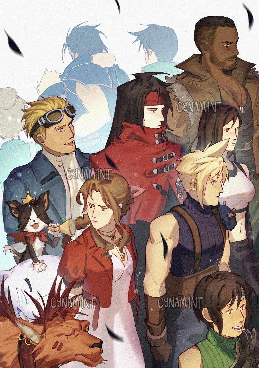 aerith gainsborough, barret wallace, biggs (ff7), cait sith (final fantasy), cid highwind, cloud strife, elmyra gainsborough, moogle, red xiii, tifa lockhart, vincent valentine, yuffie kisaragi, zack fair, final fantasy, final fantasy vii, final fantasy vii rebirth, final fantasy vii remake, highres, 4girls, 6+boys, animal, animal earrings, animal on head, apron, arm around neck, armor, armored gloves, artist name, ascot, bare shoulders, beard, belt, black bra, black feathers, black hair, black skirt, black tank top, blonde hair, blue jacket, blue pants, blue shirt, bra, braid, braided ponytail, breasts, brown belt, brown gloves, brown hair, brown vest, cape, cat, cat on head, choker, cloak, crop top, cropped jacket, crown, cynam1nt, dark-skinned male, dark skin, dog tags, dress, facial hair, facial mark, facial scar, falling feathers, feather hair ornament, feathers, flower choker, furrowed brow, gloves, goggles, goggles on head, green dress, green pants, green shirt, hair bun, hair ornament, hair ribbon, headband, holding, holding megaphone, jacket, long dress, long hair, medium breasts, megaphone, midriff, mini crown, miniskirt, multiple boys, multiple girls, on head, open mouth, pants, parted bangs, parted lips, pauldrons, pink dress, pink ribbon, puffy short sleeves, puffy sleeves, red cape, red cloak, red headband, red jacket, ribbon, scar, scar across eye, scar on cheek, scar on face, shirt, short hair, short sleeves, shoulder armor, sidelocks, single bare shoulder, single braid, single pauldron, skirt, sleeveless, sleeveless shirt, sleeveless turtleneck, smile, spiked hair, sports bra, suspenders, tank top, turtleneck, underwear, upper body, very short hair, vest, white apron, white ascot, white gloves, white shirt, yellow eyes