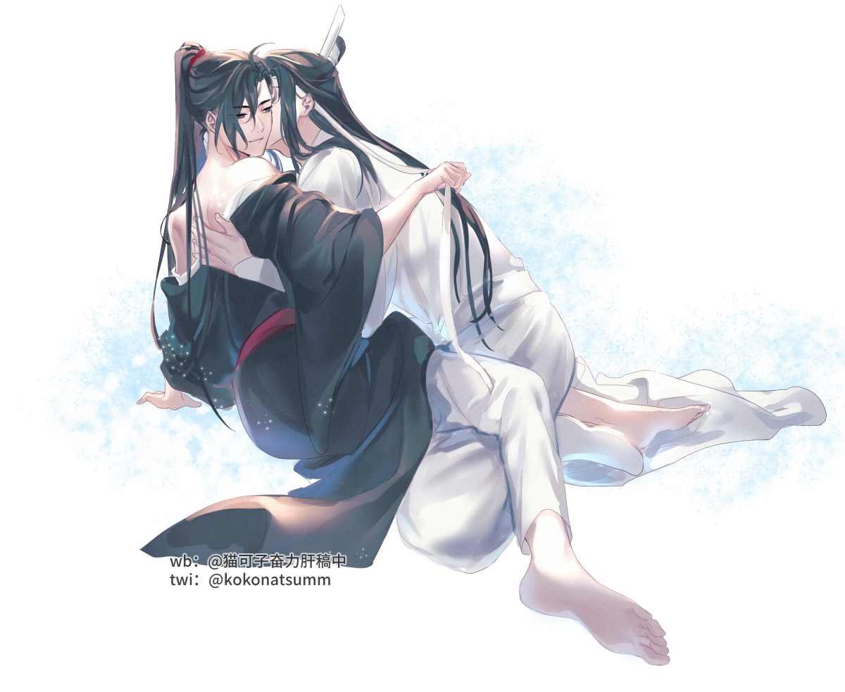 maokezi, lan wangji, wei wuxian, modao zushi, chinese commentary, 2boys, ahoge, artist name, bare shoulders, barefoot, bishounen, black eyes, black hair, black hanfu, blush, chinese clothes, closed eyes, closed mouth, couple, feet, full body, hanfu, high ponytail, holding, holding ribbon, hug, kiss, kissing cheek, light particles, long hair, long sleeves, looking at another, male focus, multiple boys, off shoulder, pants, ponytail, red sash, ribbon, robe, sash, sidelocks, simple background, sitting, smile, soles, topknot, twitter username, very long hair, watermark, white background, white hanfu, white pants, white ribbon, wide sleeves, xiao guan (headdress), yaoi